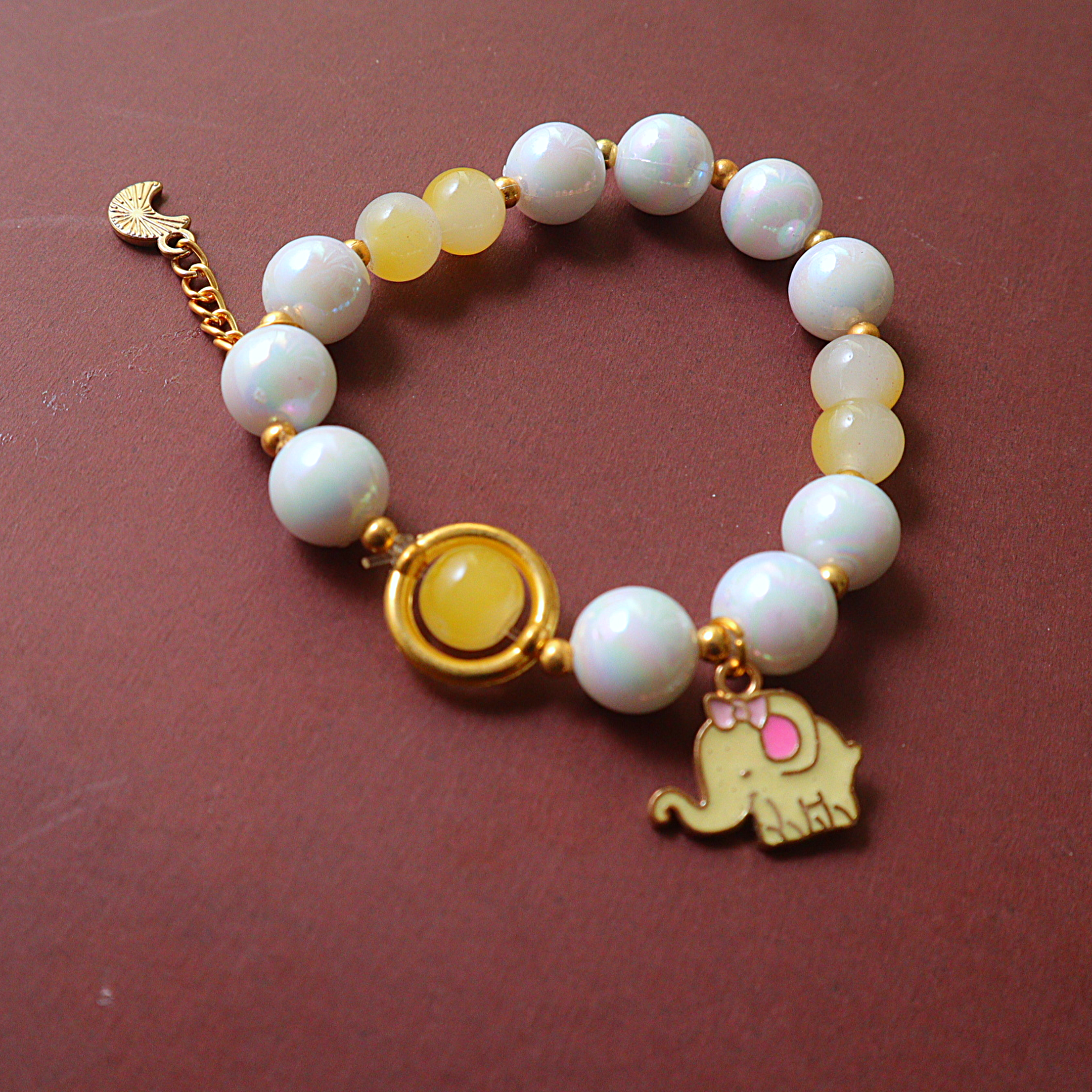 White Pearl & Pastel Yellow Glass Bead Bracelet with Enamel Elephant Pendant