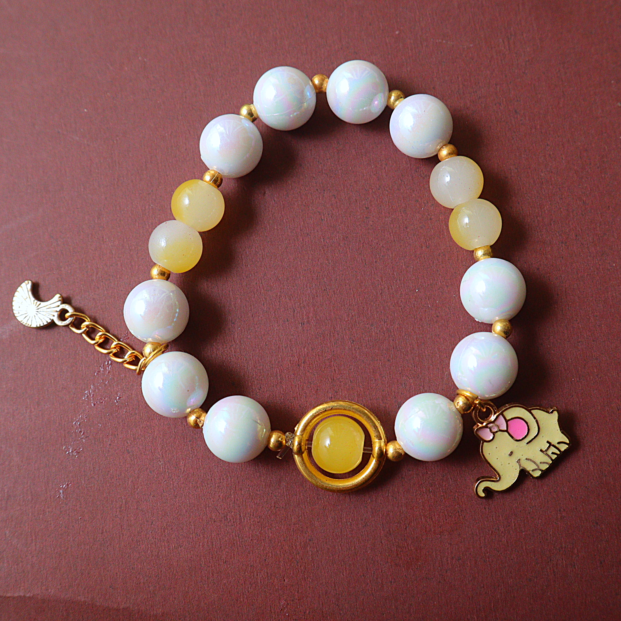 White Pearl & Pastel Yellow Glass Bead Bracelet with Enamel Elephant Pendant
