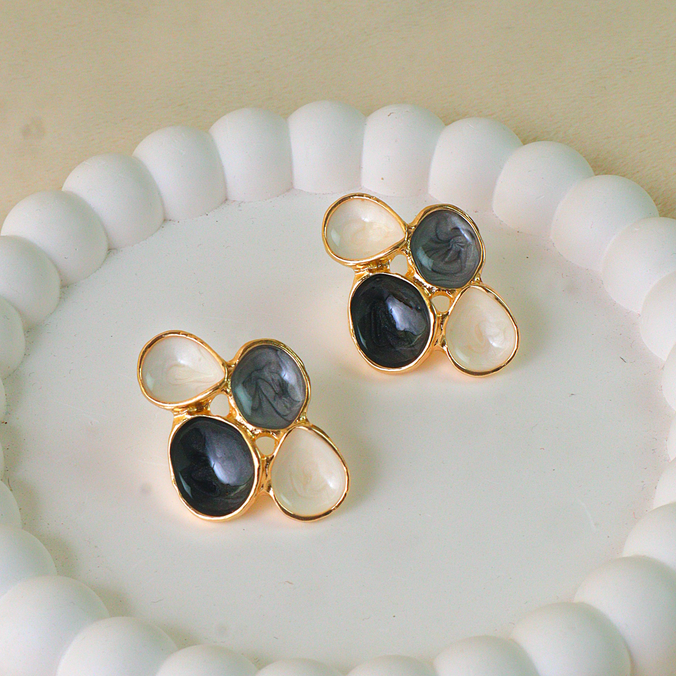 Four Petal Monochrome Enamel Earrings | Anti-Tarnish Gold Studs