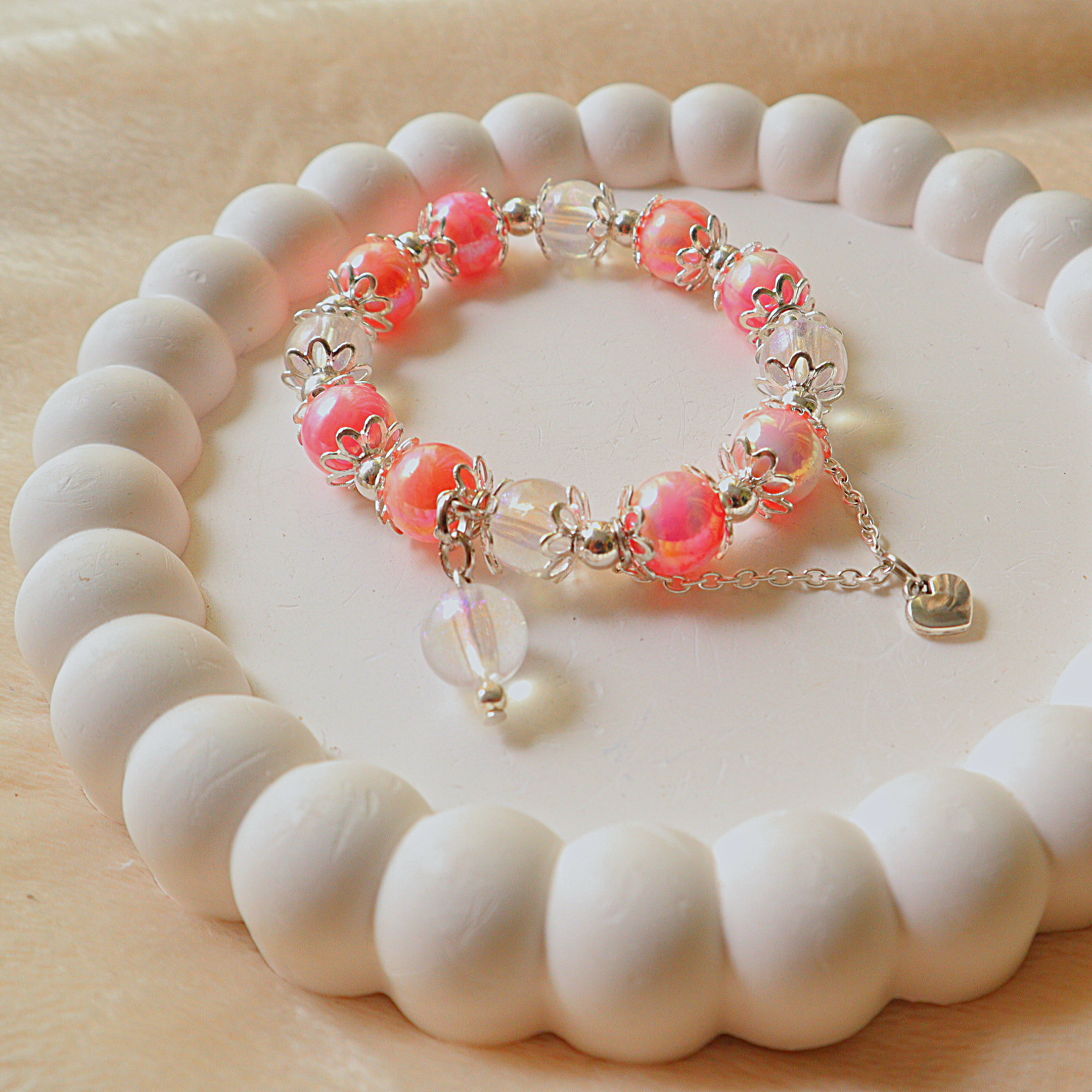 Pink Marbled Glass & Iridescent Pearl Bead Bracelet with Silver Heart Charm