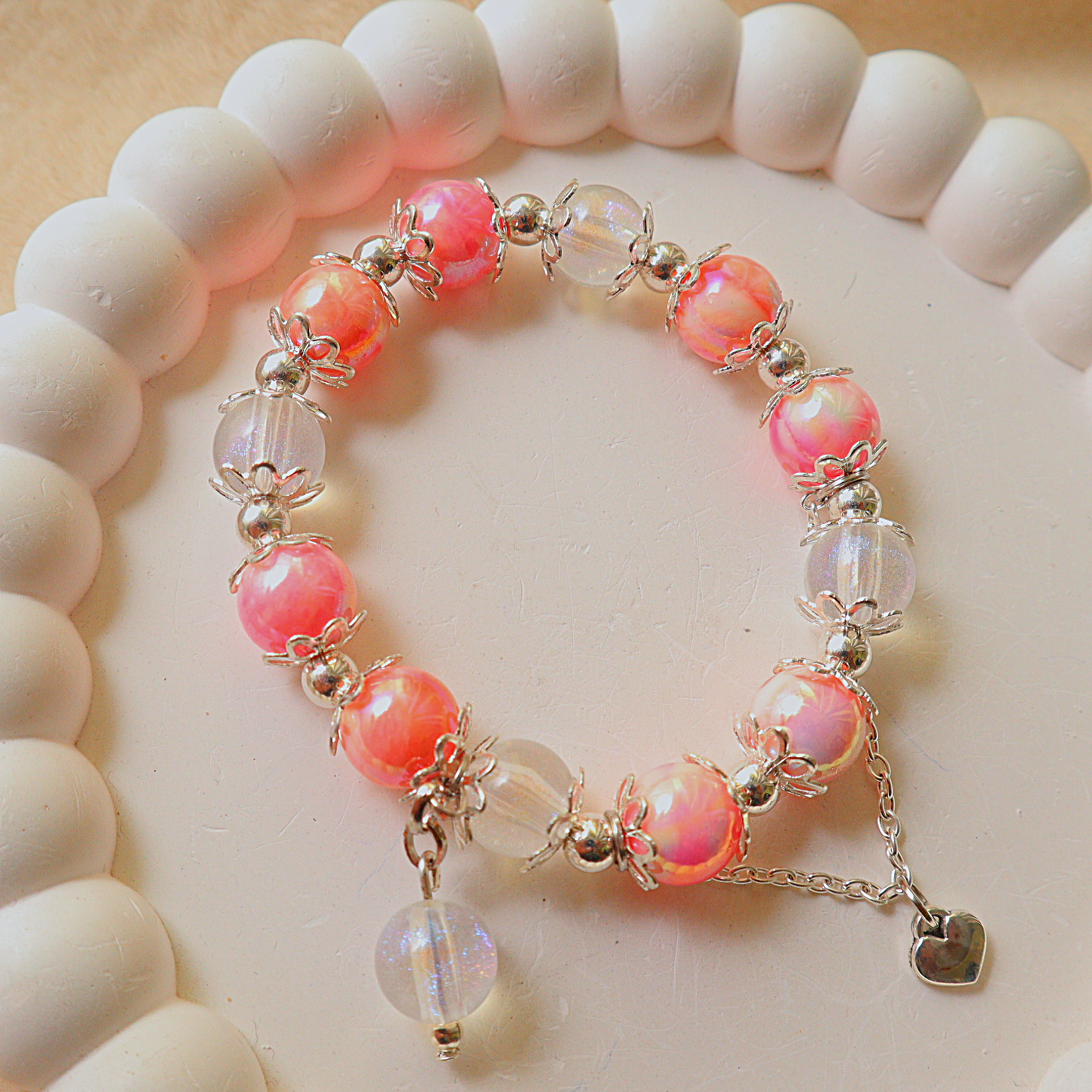 Pink Marbled Glass & Iridescent Pearl Bead Bracelet with Silver Heart Charm