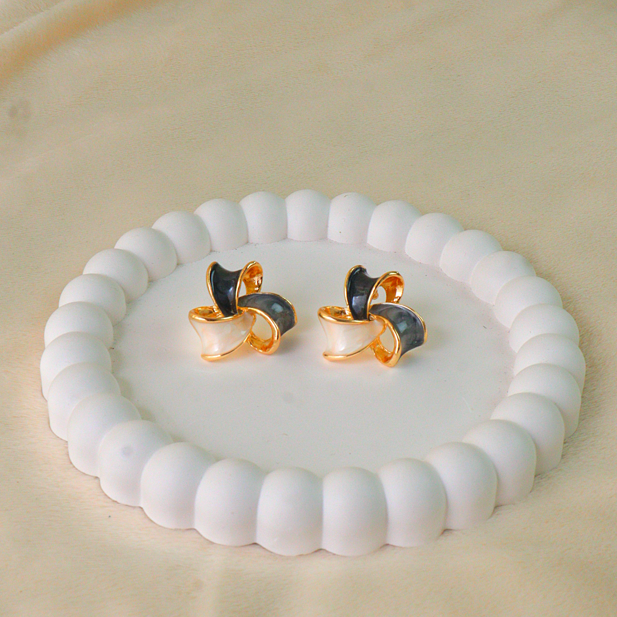 Black, Grey & Cream Enamel Swirl Studs (Anti-Tarnish Daily Wear)