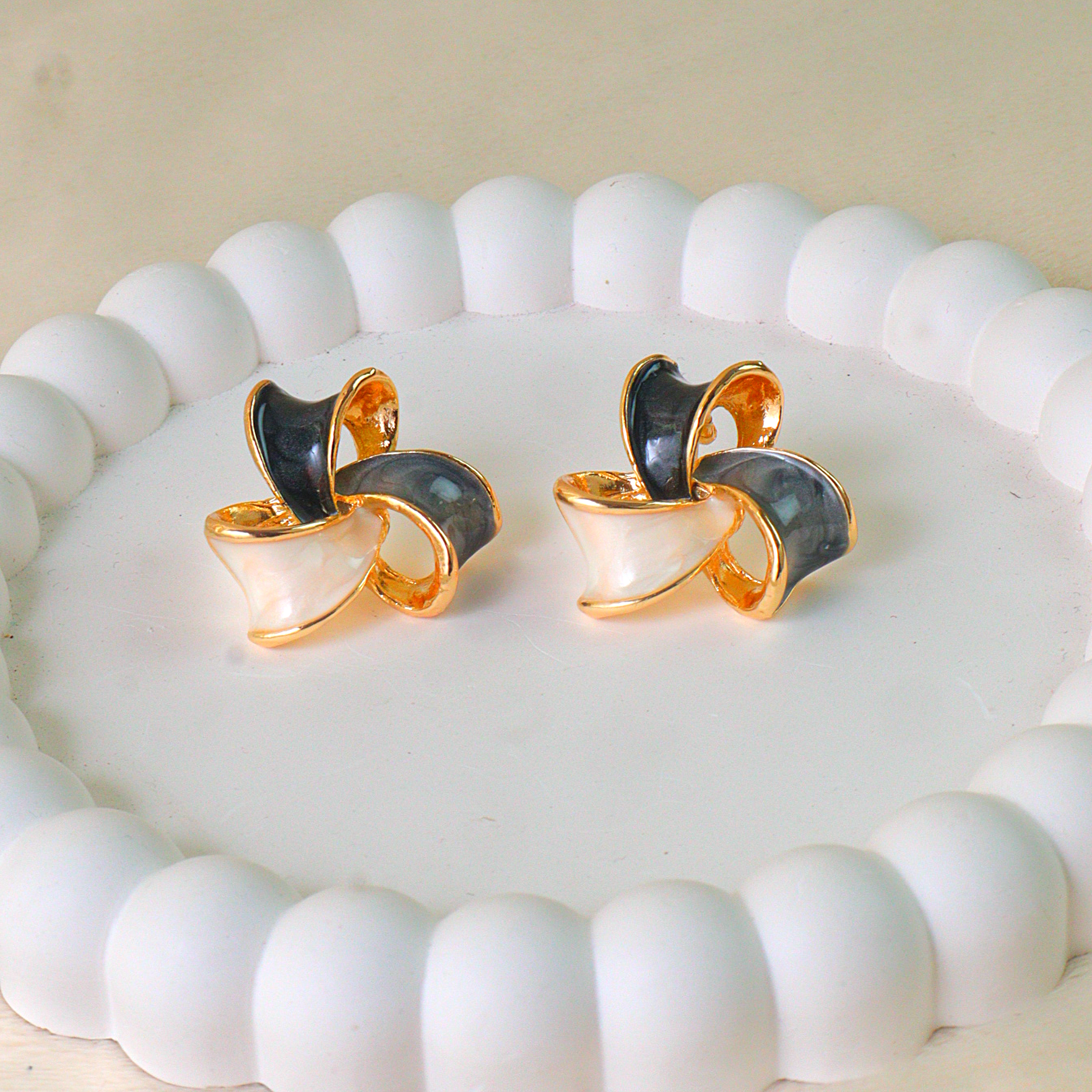 Black, Grey & Cream Enamel Swirl Studs (Anti-Tarnish Daily Wear)