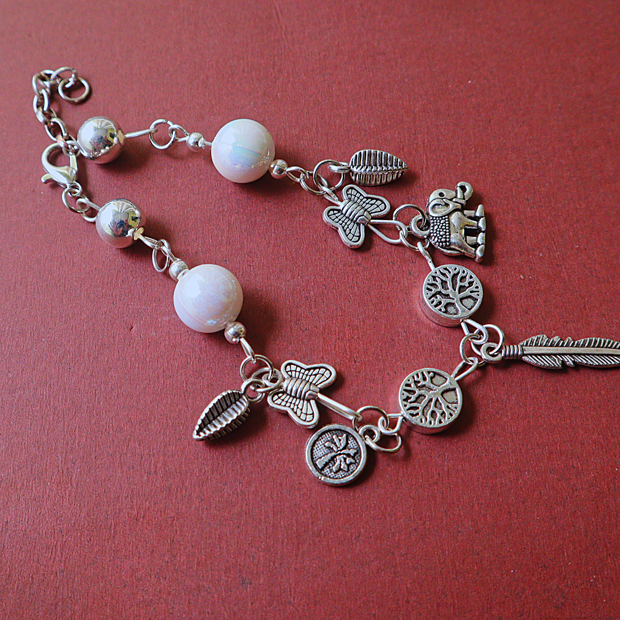 Handmade Silver Multi-Charm Chain Link Bracelet with Iridescent Pearl Glass Beads