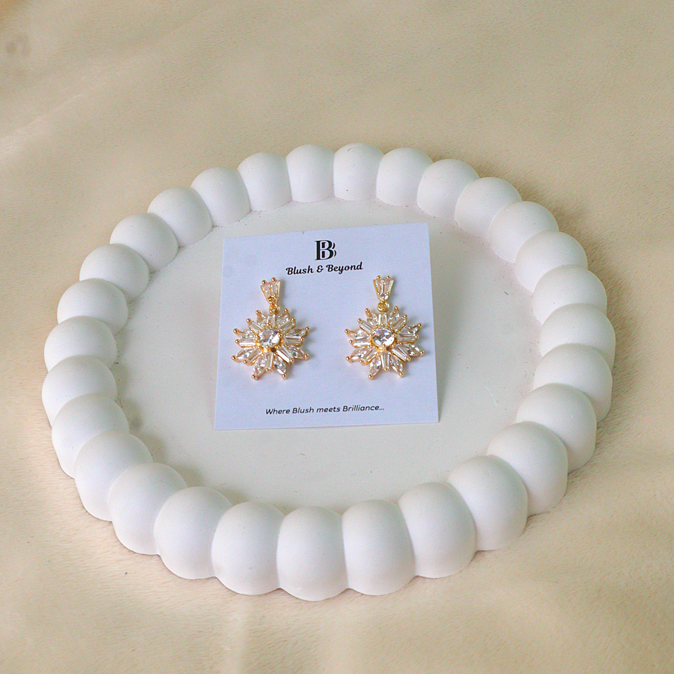 Celeste Starburst Drop Earrings- Anti Tarnish Gold Baguette CZ Sunburst Studs