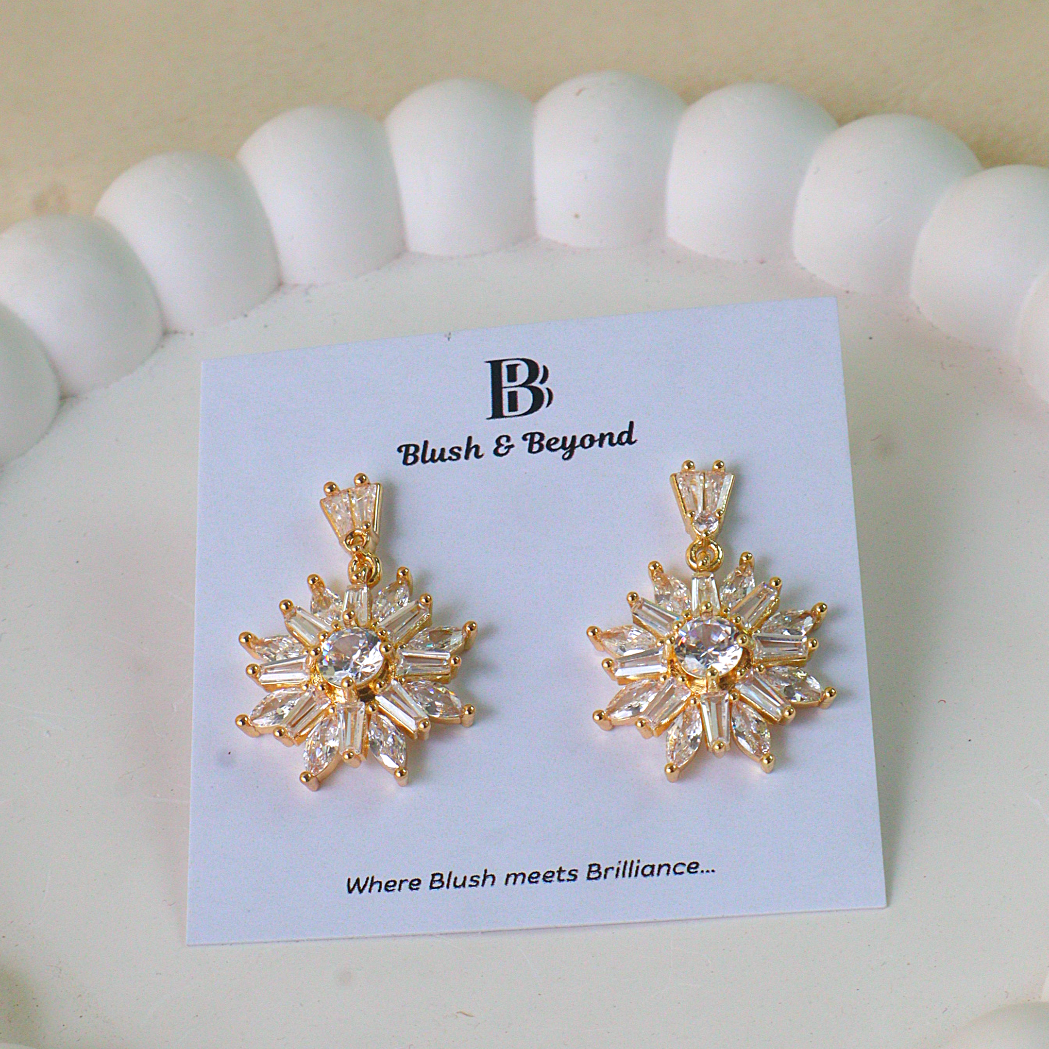 Celeste Starburst Drop Earrings- Anti Tarnish Gold Baguette CZ Sunburst Studs