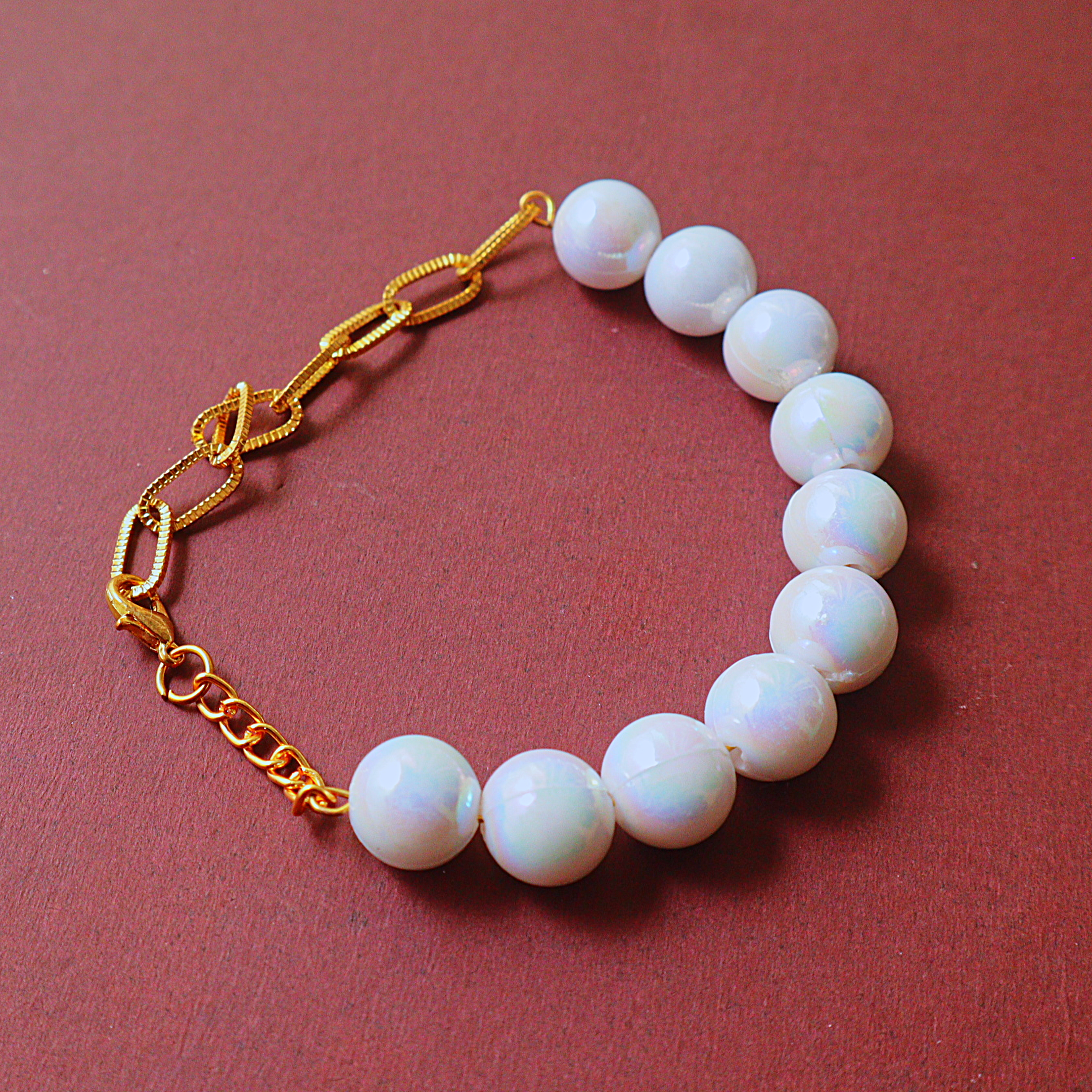Handmade Iridescent White Pearl & Gold Paperclip Chain Half and Half Bracelet