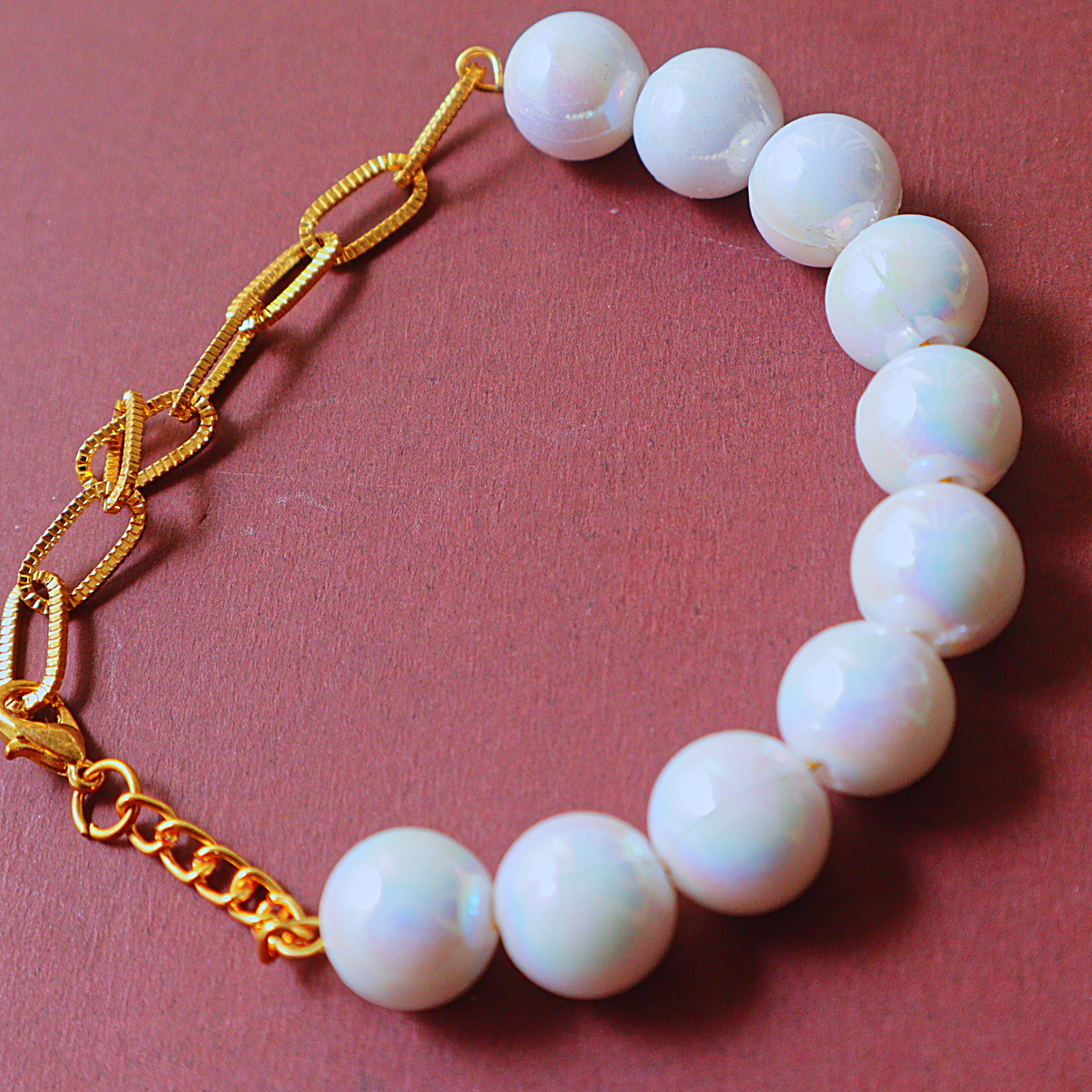 Handmade Iridescent White Pearl & Gold Paperclip Chain Half and Half Bracelet