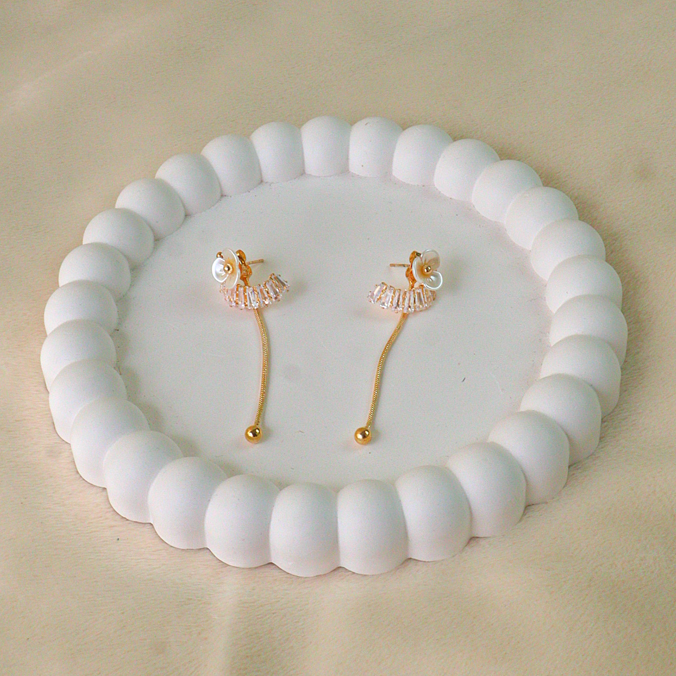 White Shell Flower Crescent Drop Earrings | Tarnish Free Gold Dangles