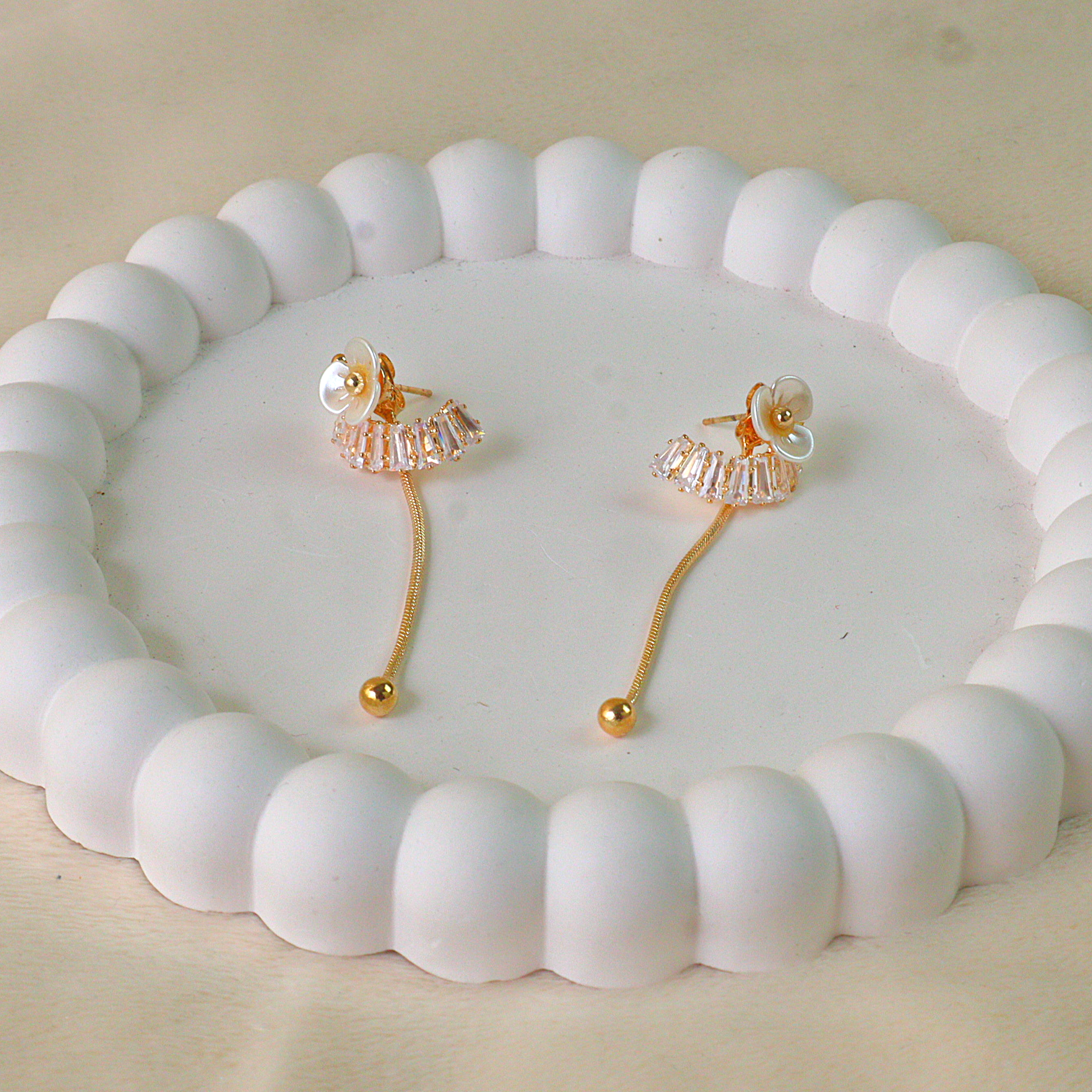 White Shell Flower Crescent Drop Earrings | Tarnish Free Gold Dangles