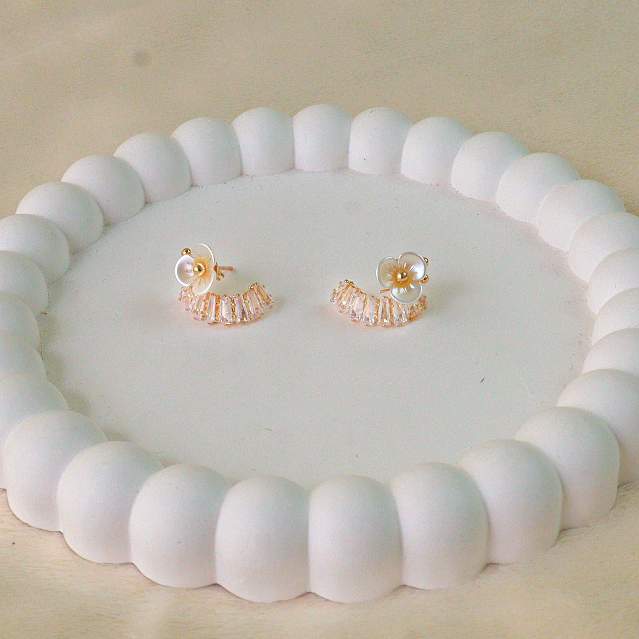 White Shell Flower Crescent Drop Earrings | Tarnish Free Gold Dangles