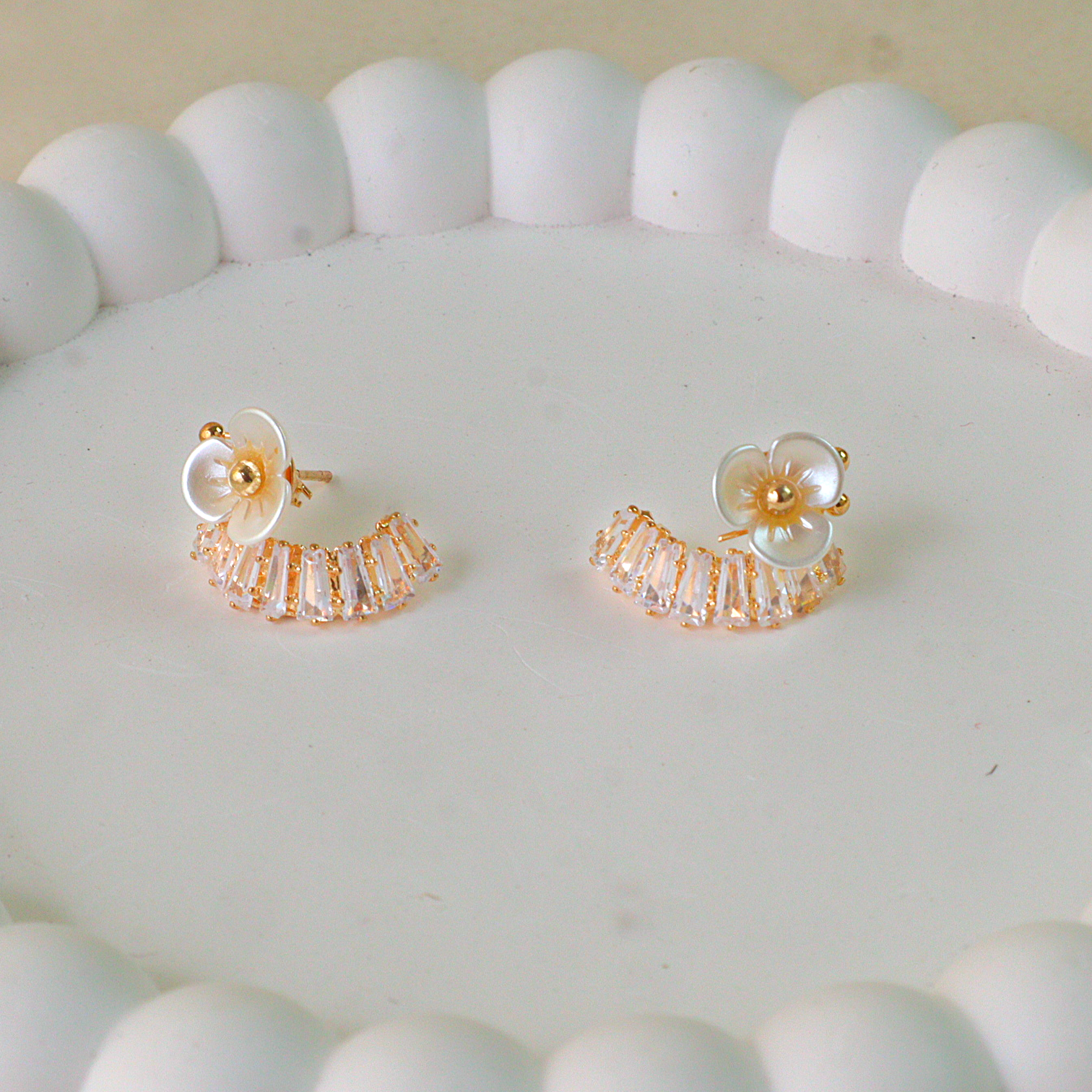 White Shell Flower Crescent Drop Earrings | Tarnish Free Gold Dangles