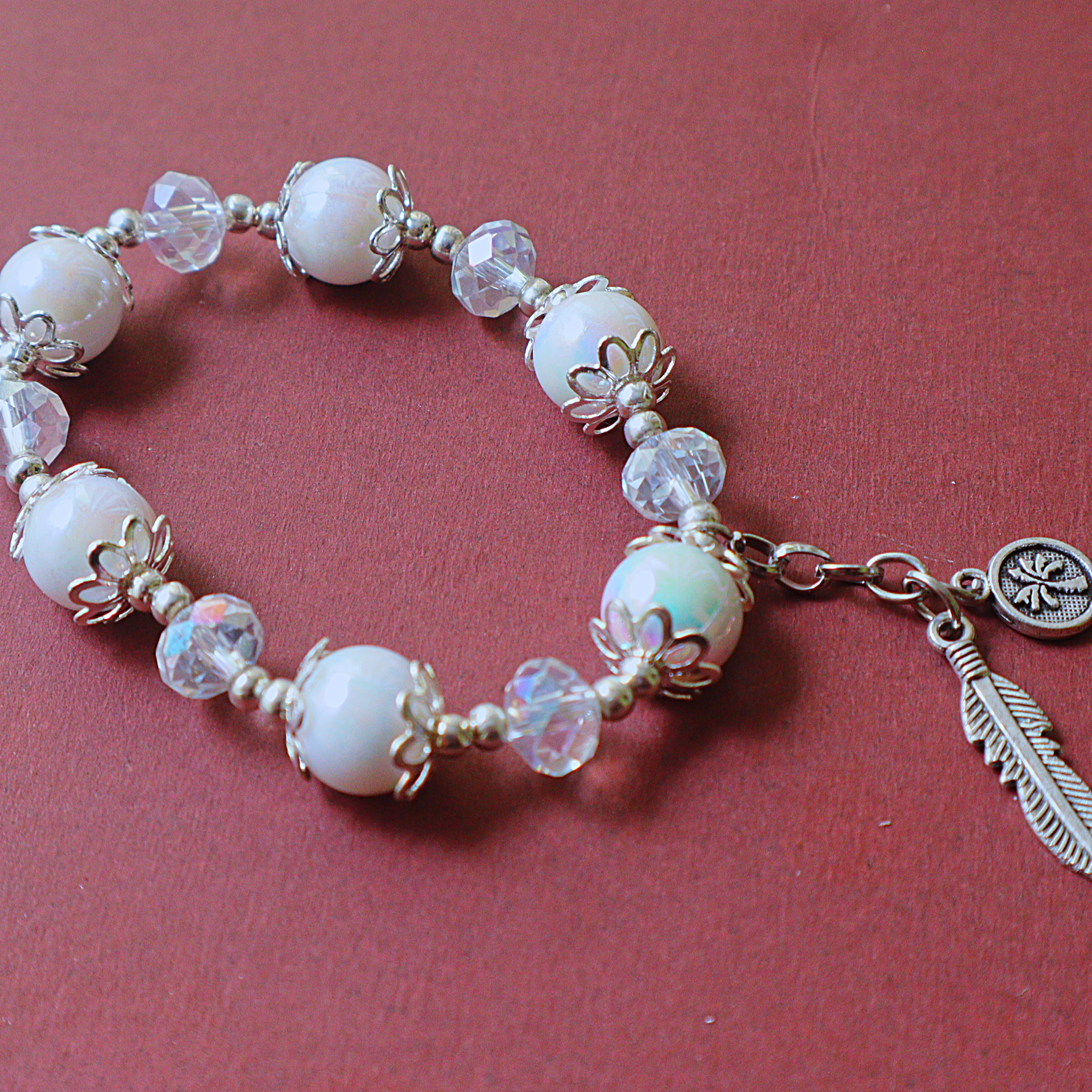 Handmade Iridescent White Pearl & Clear Crystal Bead Bracelet with Feather & Palm Charms