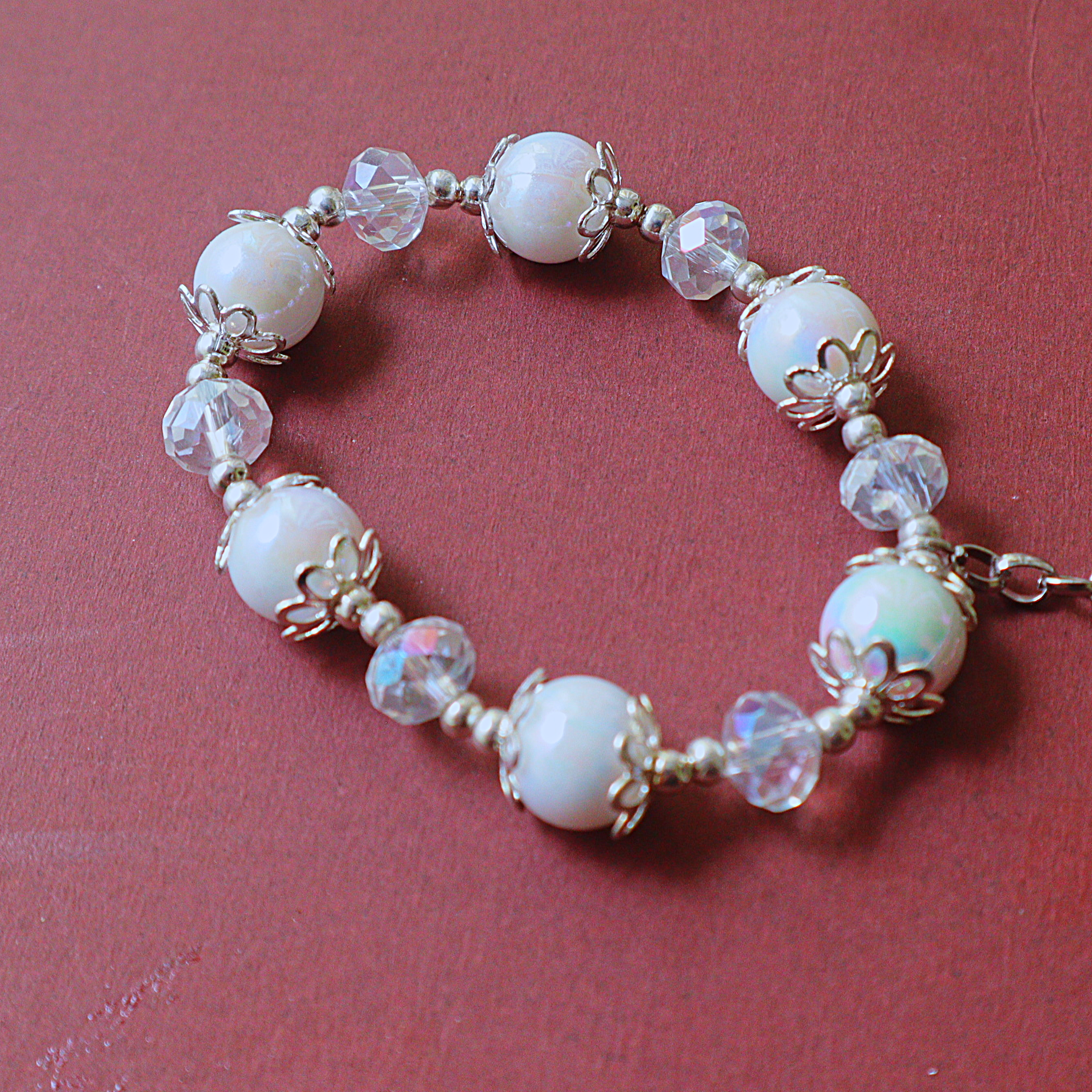 Handmade Iridescent White Pearl & Clear Crystal Bead Bracelet with Feather & Palm Charms