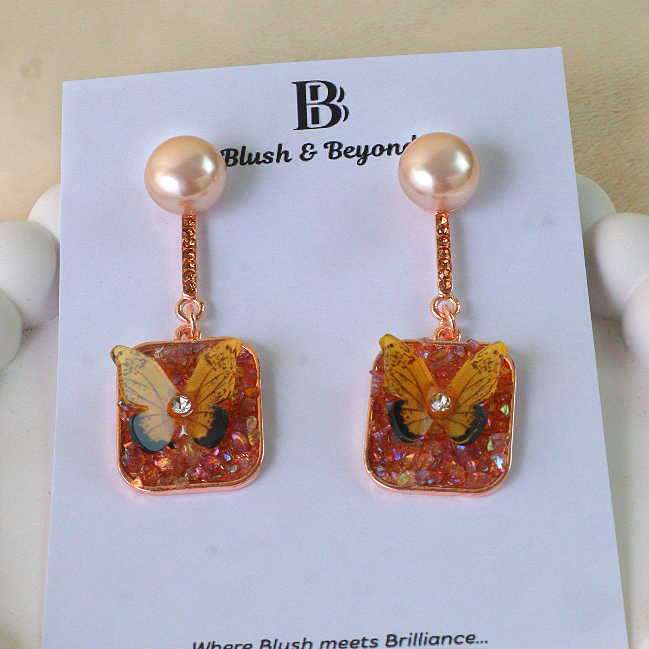 Gold Plated Pearl & Resin Butterfly Earrings