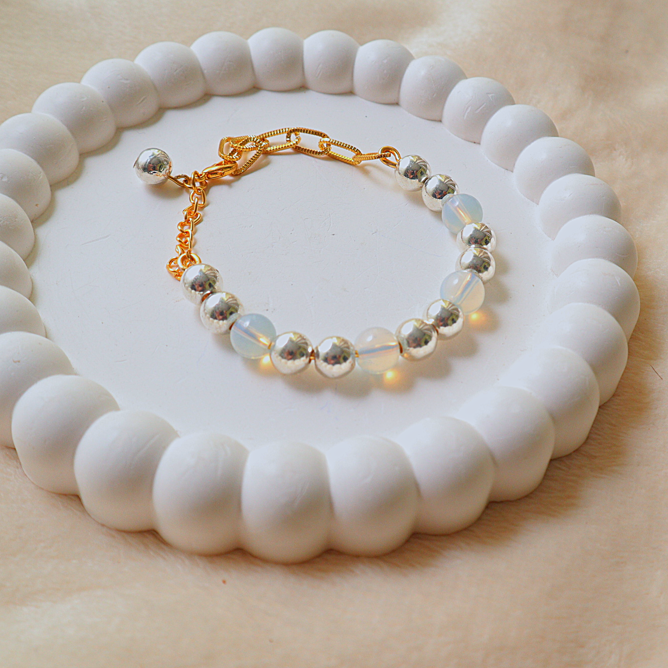 Handmade Opalite Glass Bead & Silver Mirror Sphere Bracelet with Gold Chain