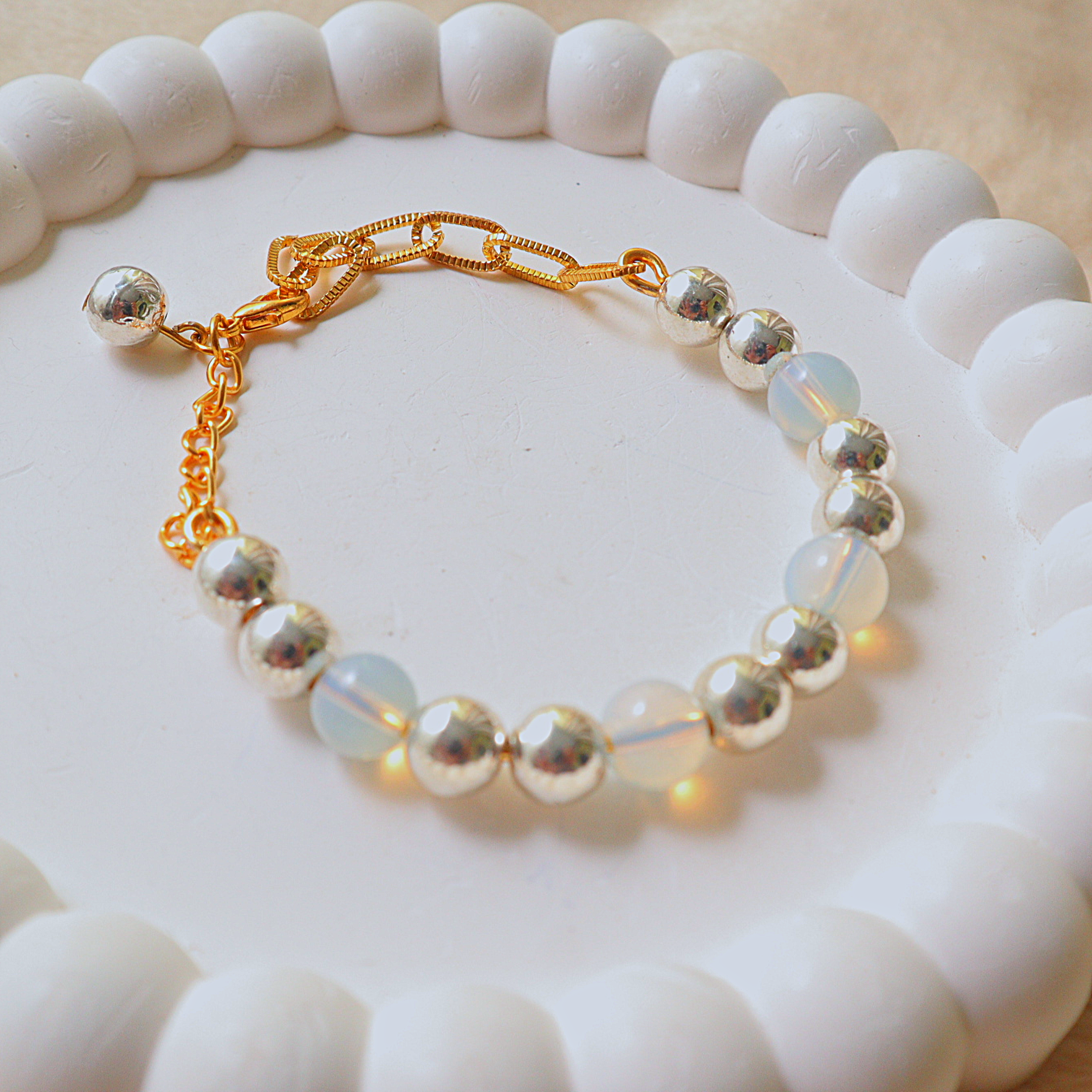Handmade Opalite Glass Bead & Silver Mirror Sphere Bracelet with Gold Chain