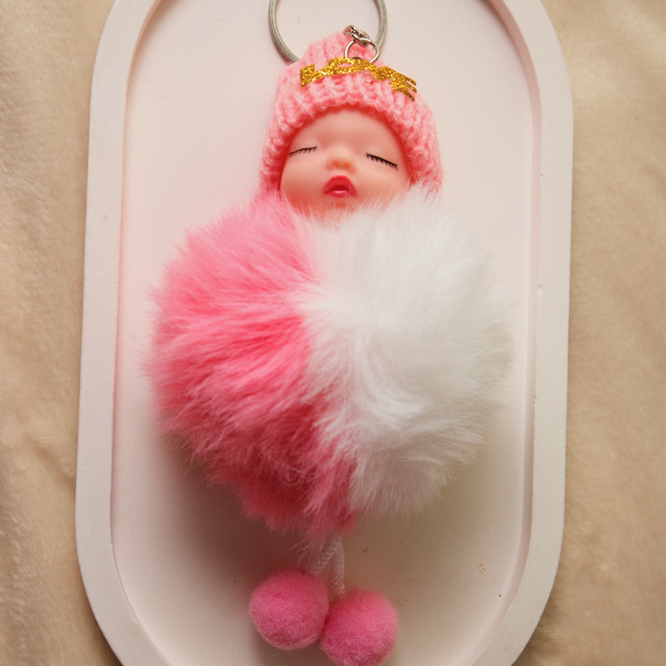 Sleeping Baby Pom Pom keychain - Cute Furry Doll Bag Charm