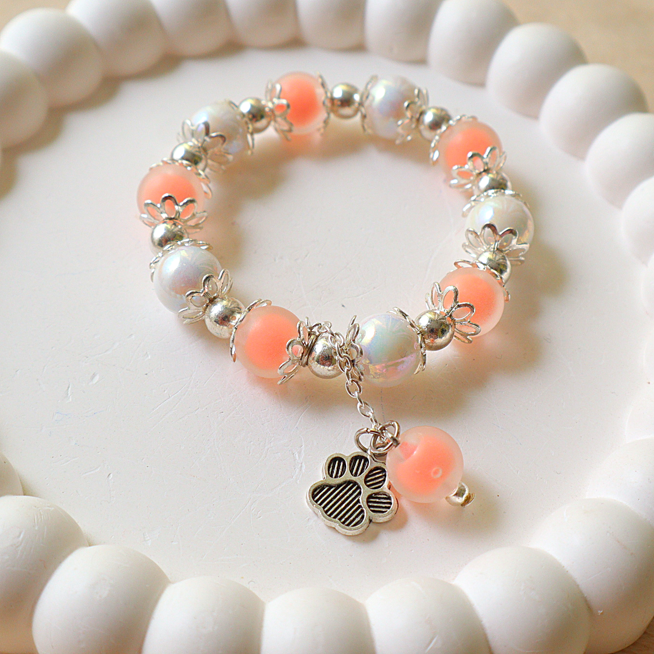 Peach Pearl Paw Print Beaded Bracelet | Handmade Pet Lover Gift