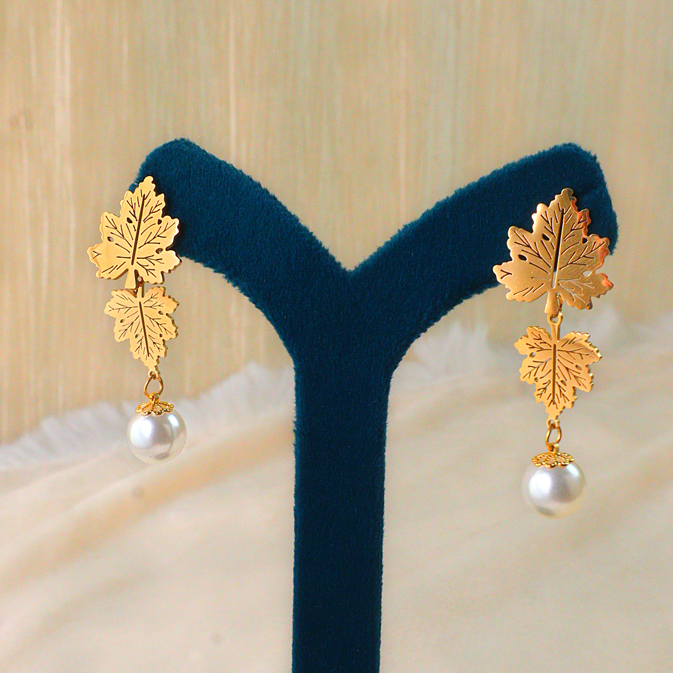 Double Leaf Dangle Earrings with Pearl | Anti-Tarnish Statement Jewelry