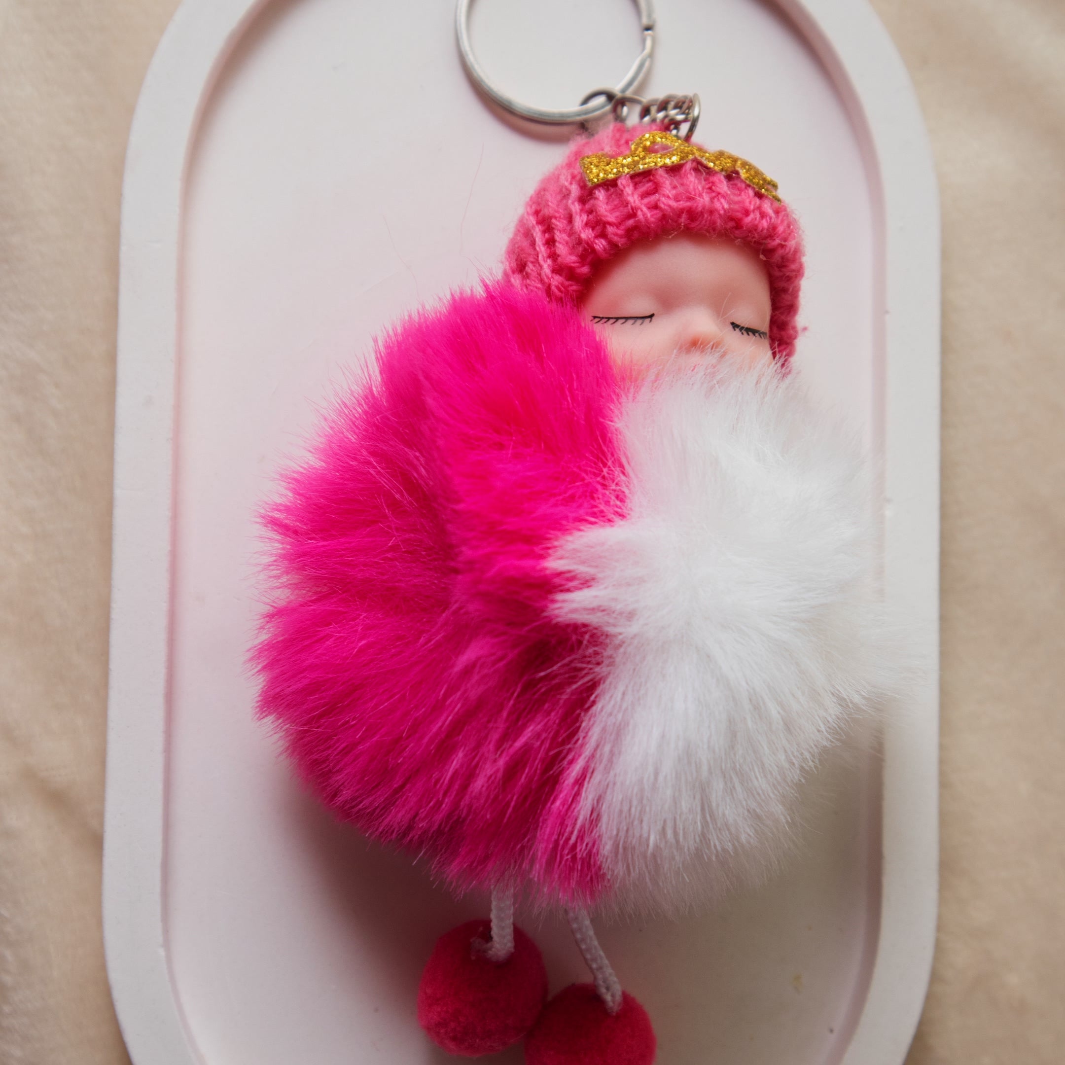 Sleeping Baby Pom Pom keychain - Cute Furry Doll Bag Charm
