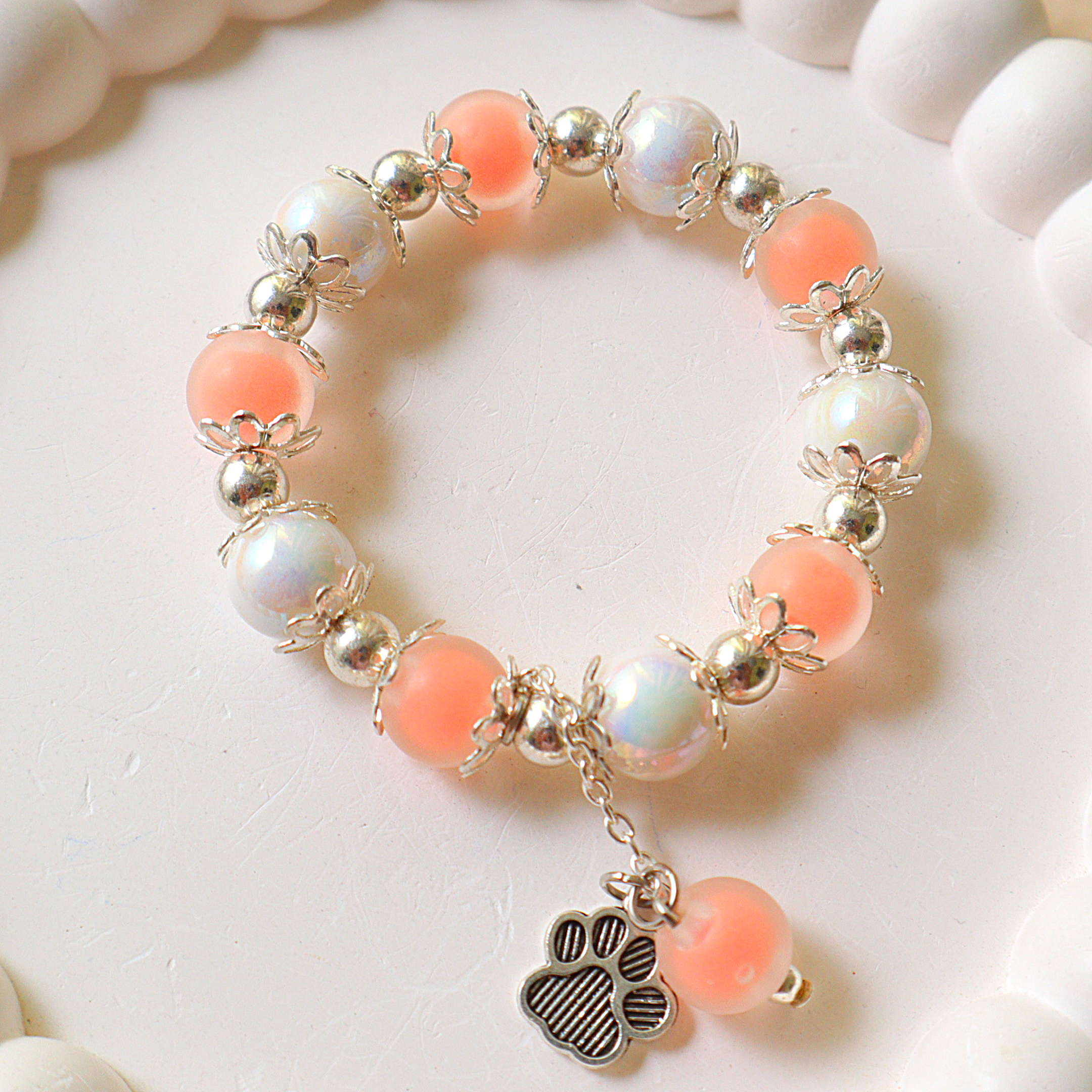 Peach Pearl Paw Print Beaded Bracelet | Handmade Pet Lover Gift