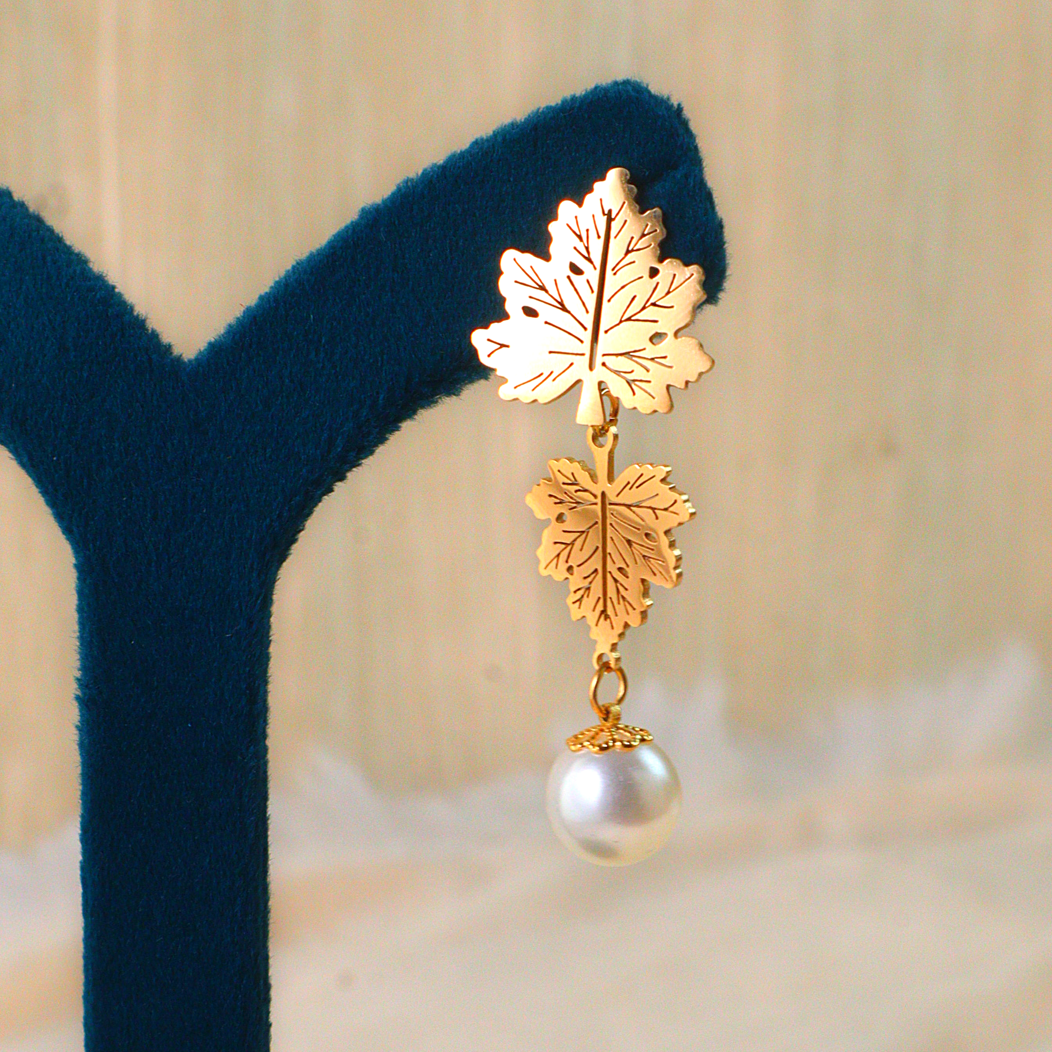 Double Leaf Dangle Earrings with Pearl | Anti-Tarnish Statement Jewelry
