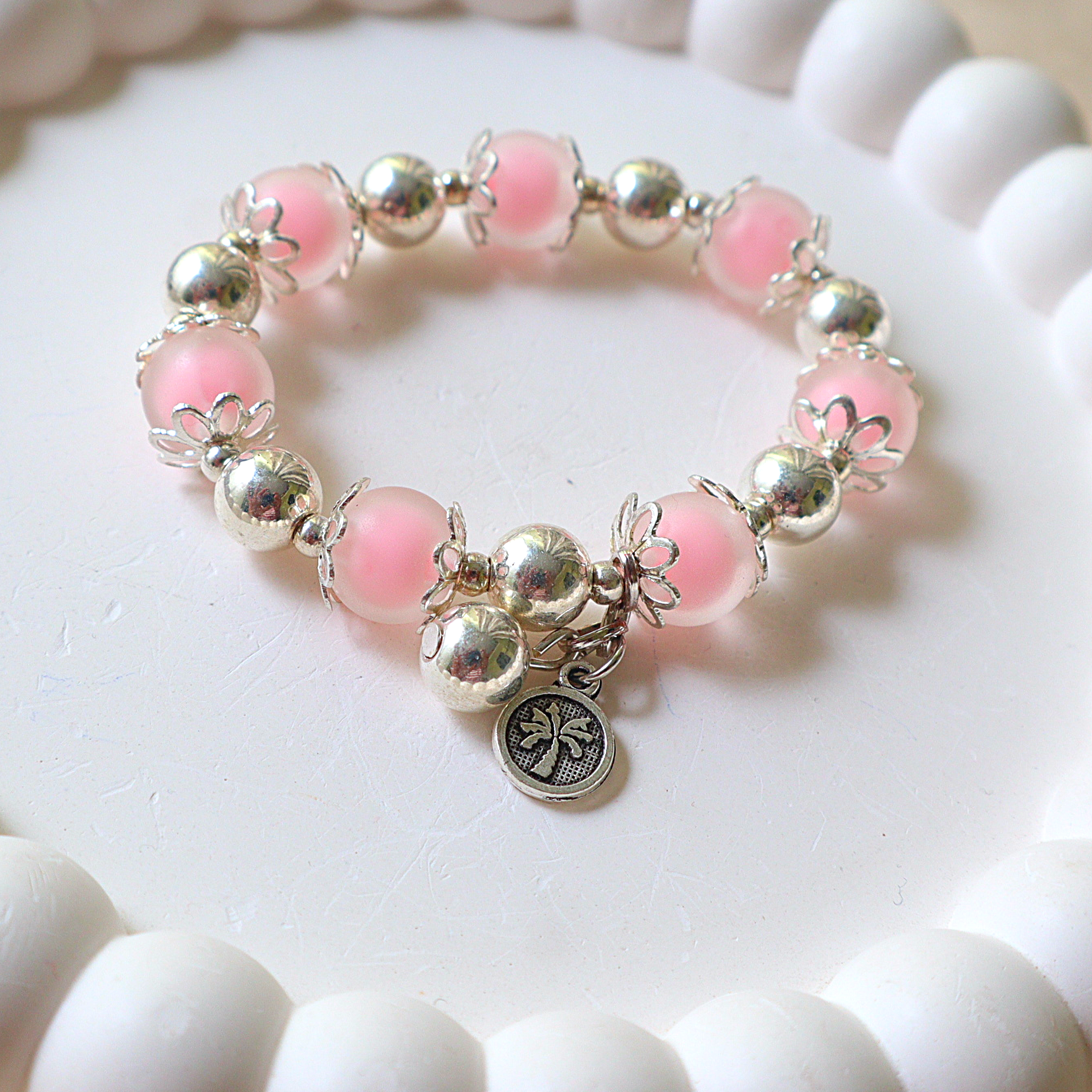 Handmade Pink Glass Bead Bracelet with Palm Tree Charm | Tropical Vacation Jewelry
