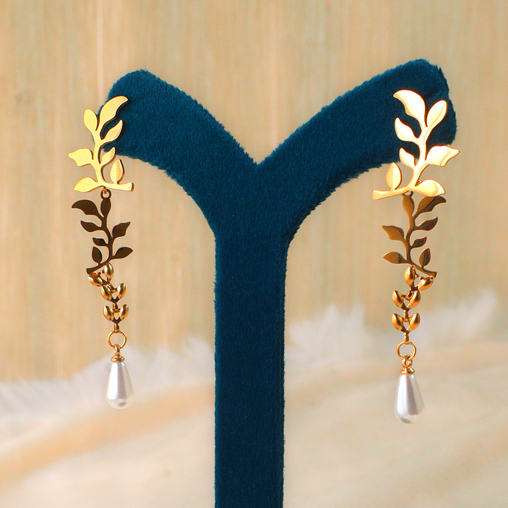 Olive Branch Pearl Drop Earrings (Tarnish Free Gold Botanical Dangle Jewelry)