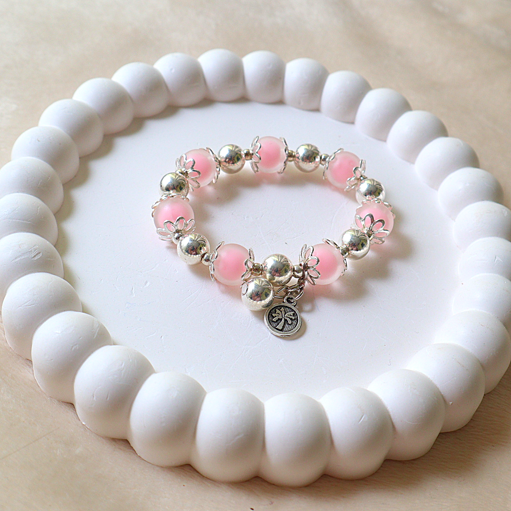 Handmade Pink Glass Bead Bracelet with Palm Tree Charm | Tropical Vacation Jewelry