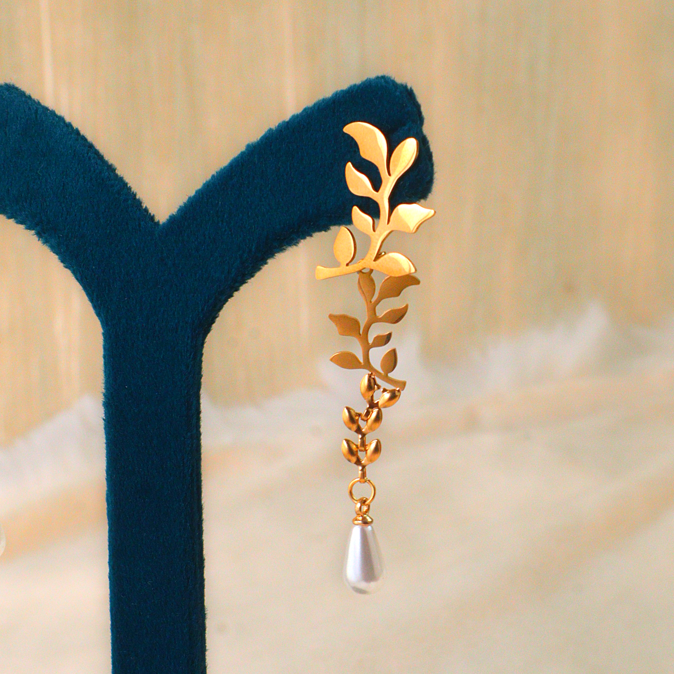 Olive Branch Pearl Drop Earrings (Tarnish Free Gold Botanical Dangle Jewelry)