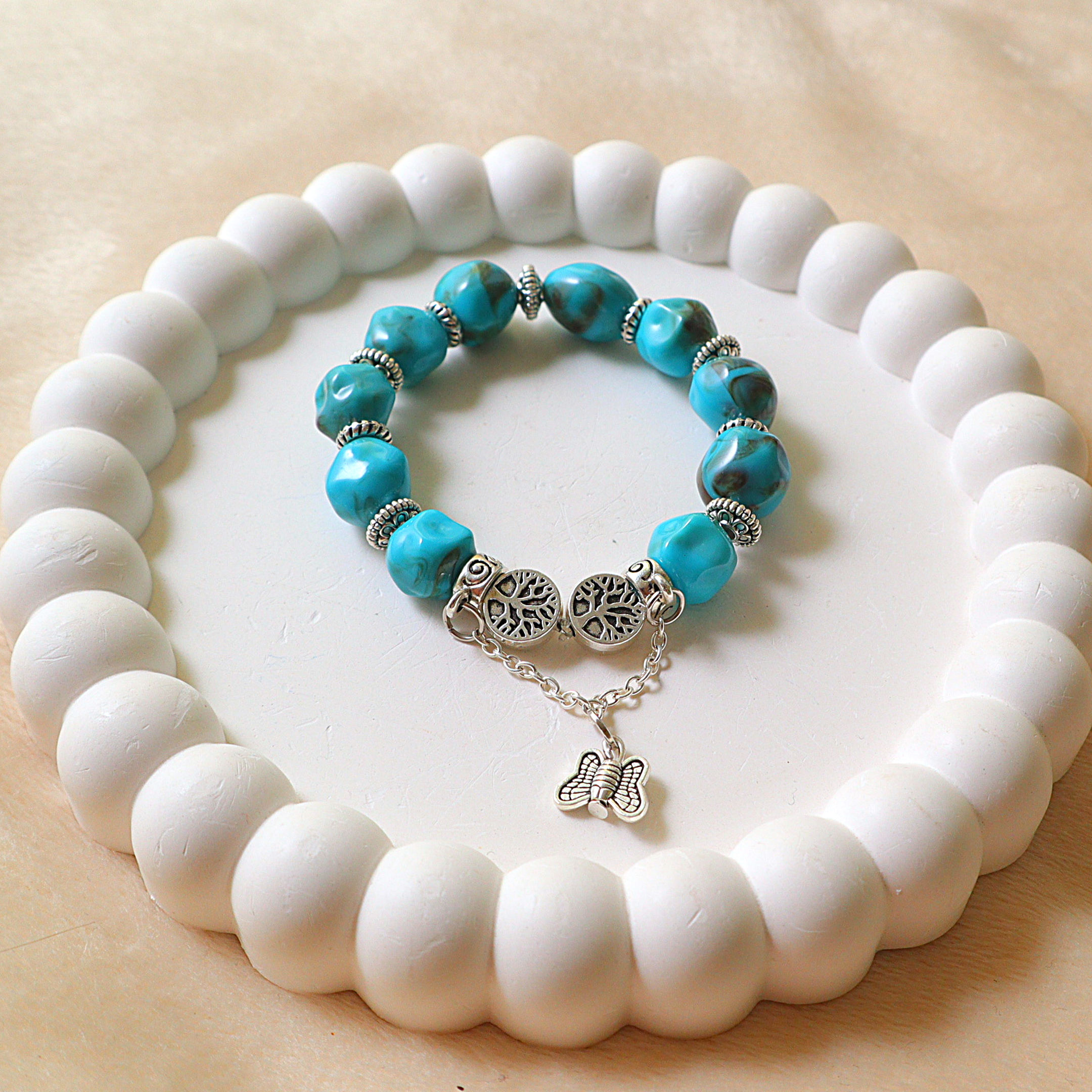 Handmade Turquoise Stone Beaded Bracelet with Butterfly Charm | Tree of Life Jewelry
