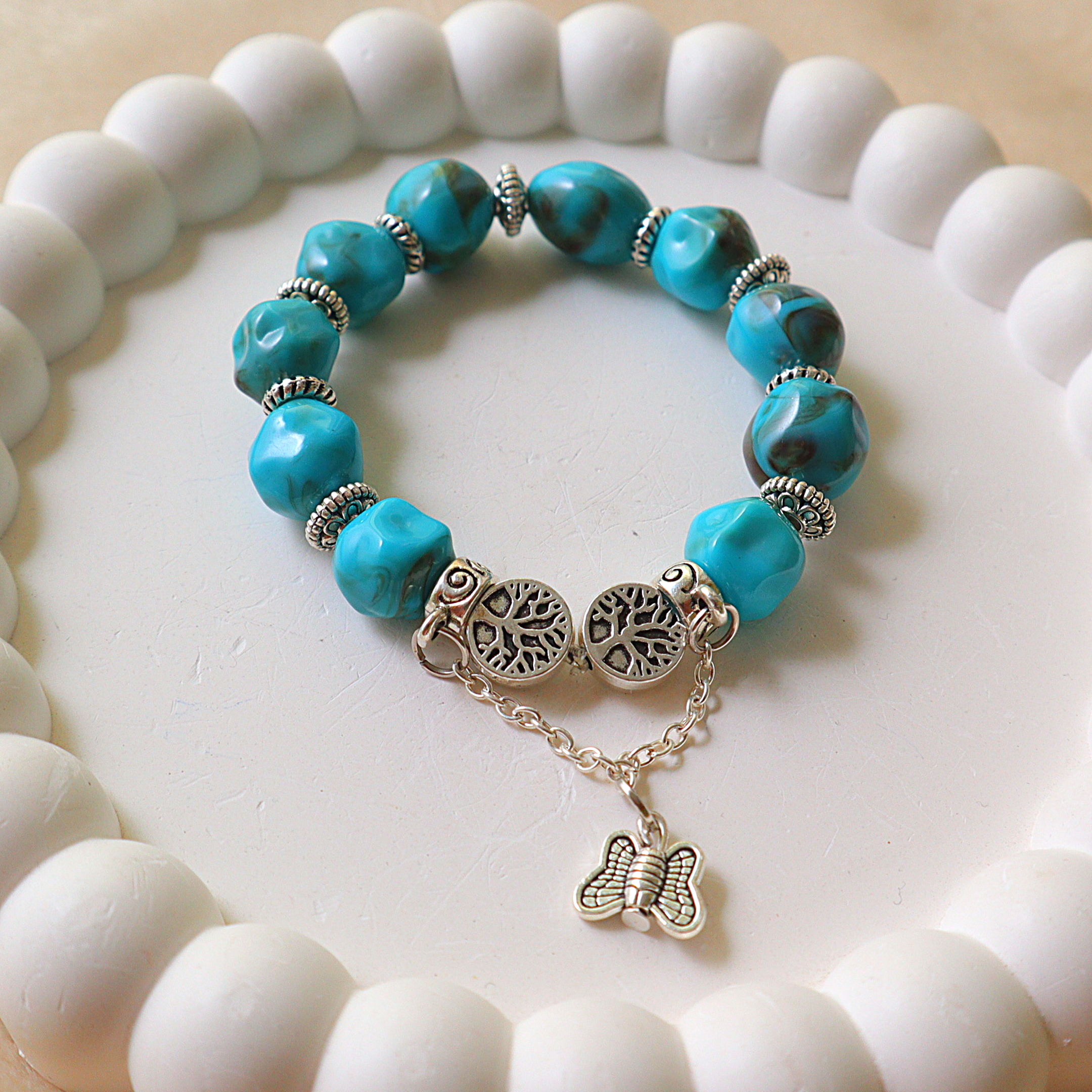 Handmade Turquoise Stone Beaded Bracelet with Butterfly Charm | Tree of Life Jewelry
