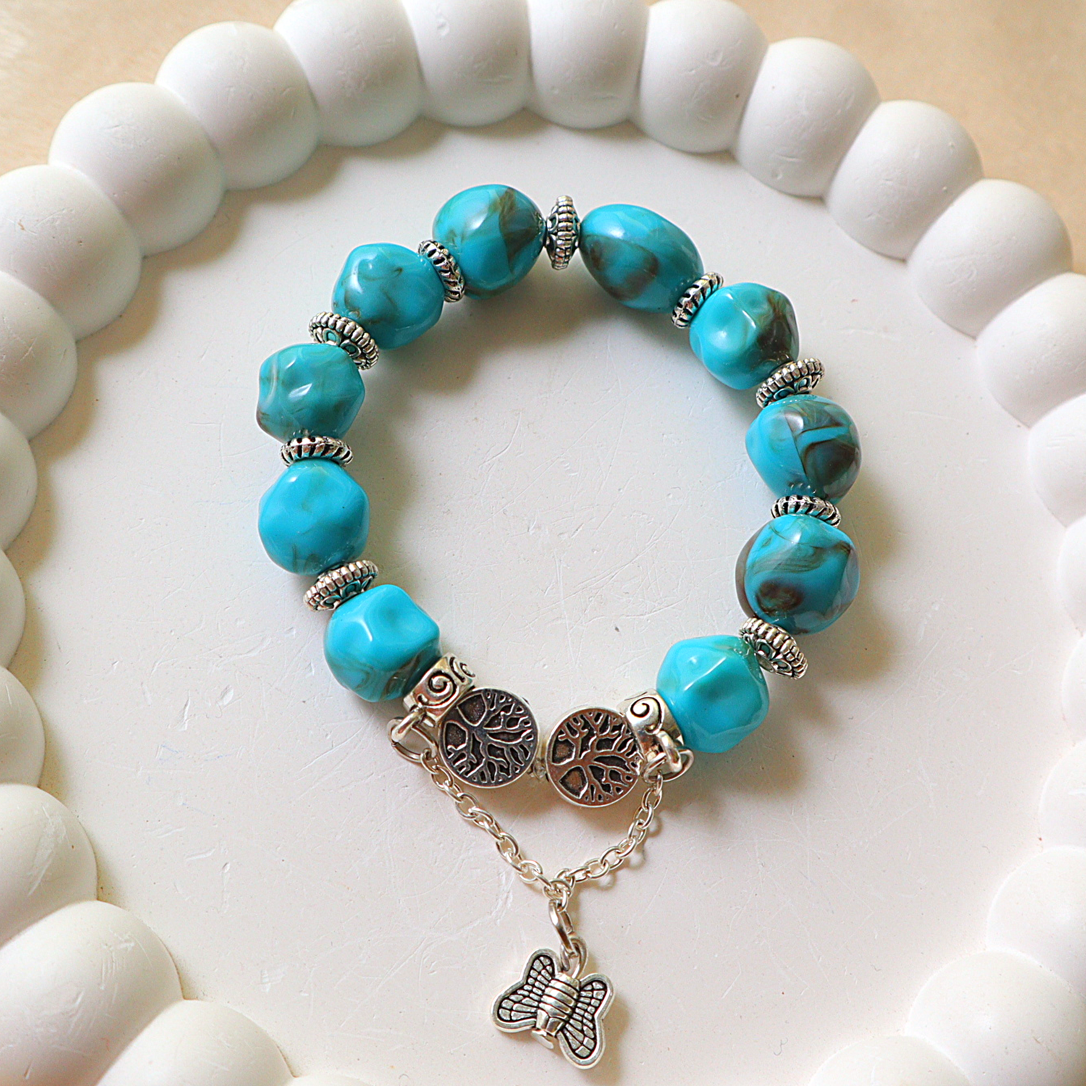 Handmade Turquoise Stone Beaded Bracelet with Butterfly Charm | Tree of Life Jewelry