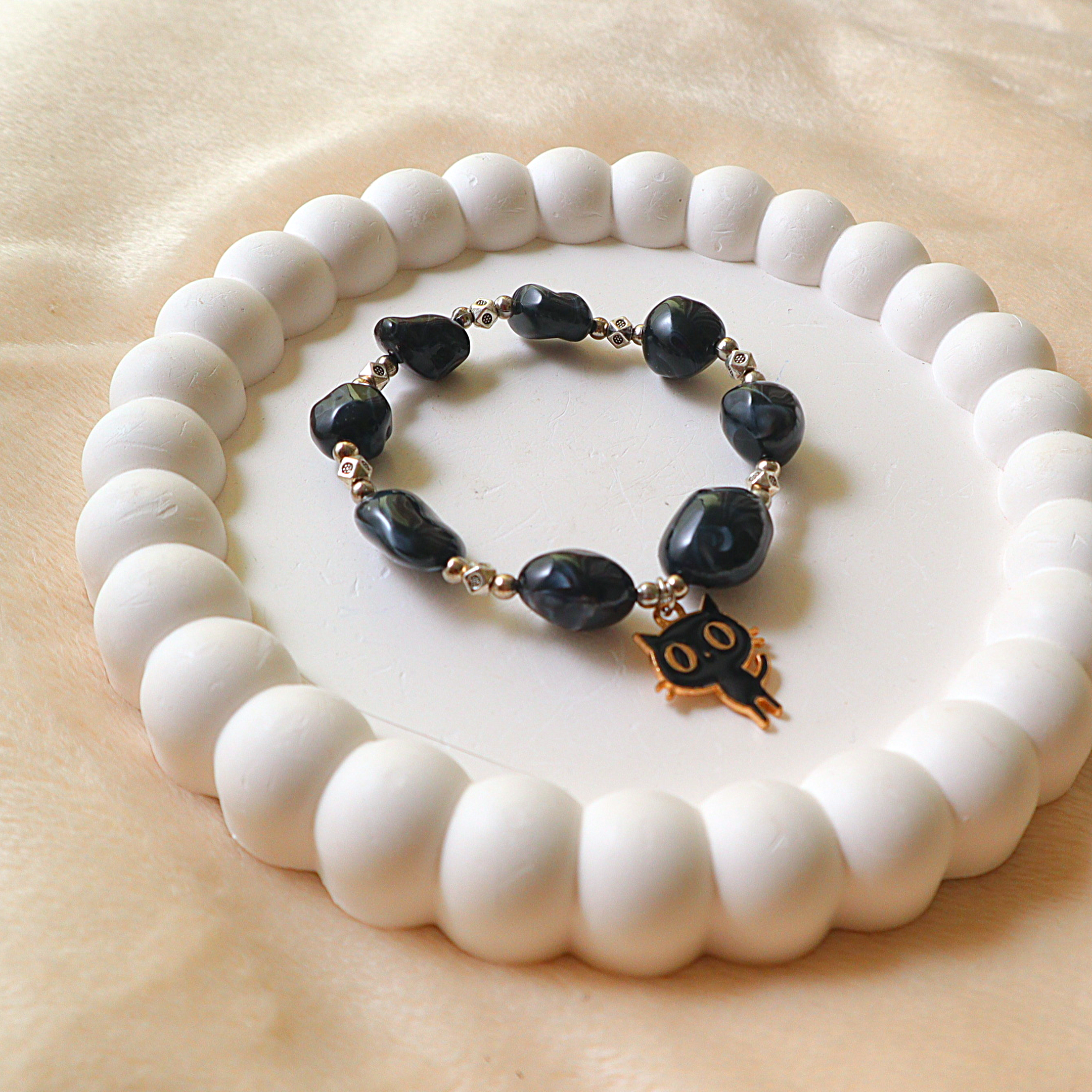 Handmade Black Marble Bead Bracelet with Cute Black Cat Charm | Cat Lover Gift
