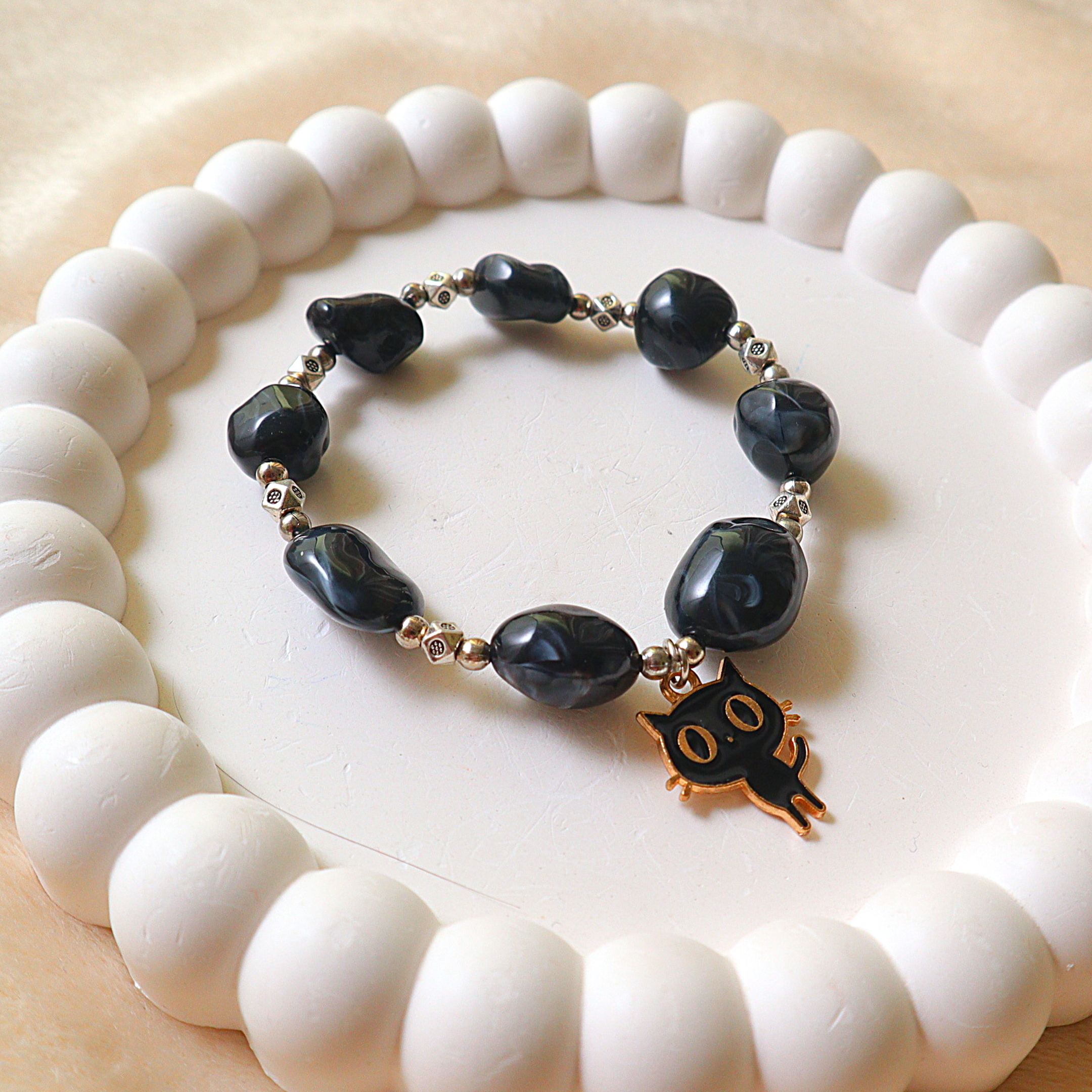 Handmade Black Marble Bead Bracelet with Cute Black Cat Charm | Cat Lover Gift