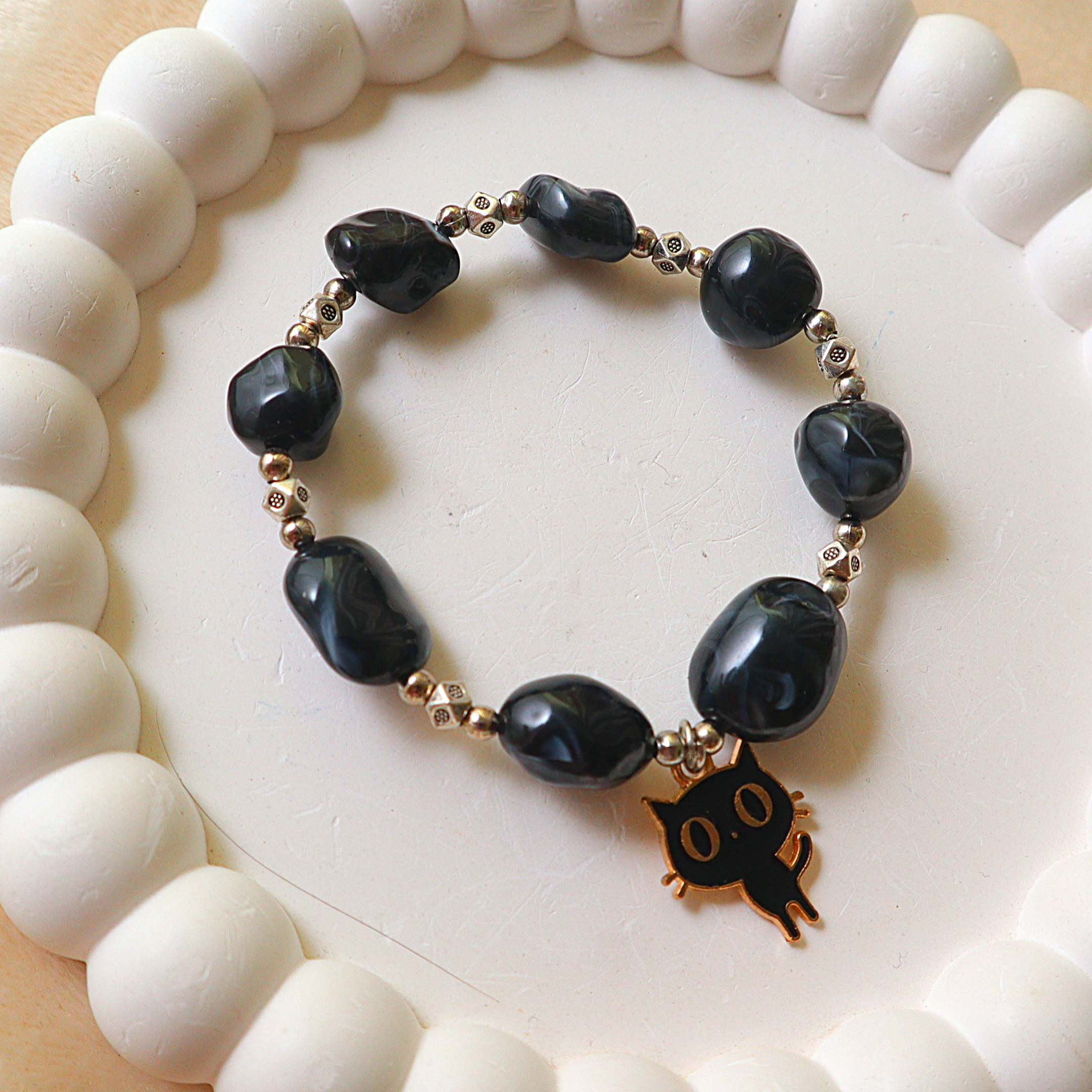 Handmade Black Marble Bead Bracelet with Cute Black Cat Charm | Cat Lover Gift