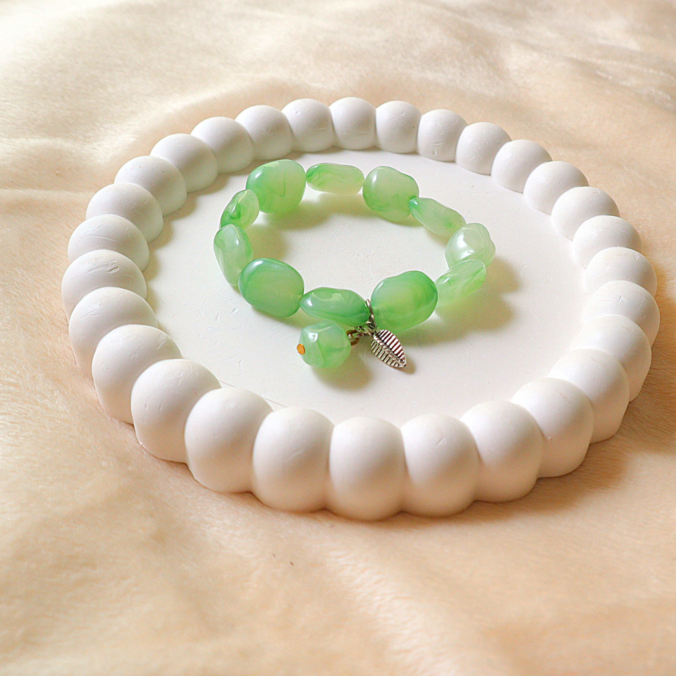 Handmade Green Jade Style Marble Bead Bracelet with Silver Leaf Charm
