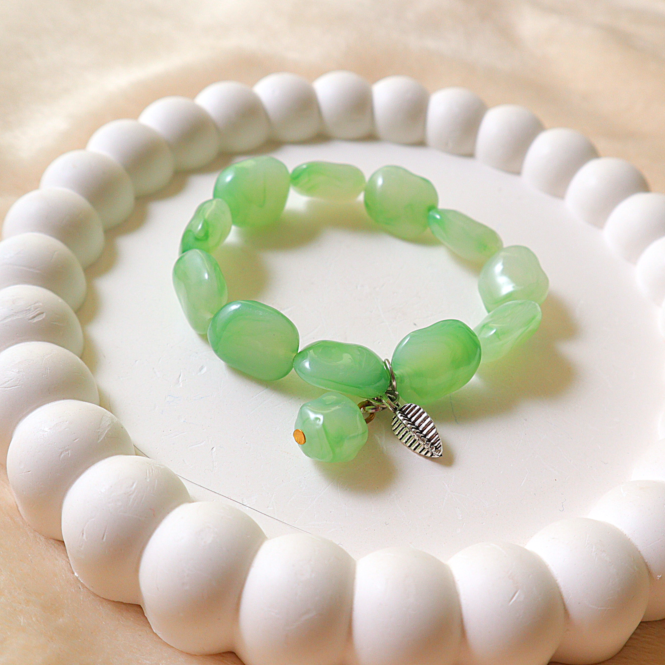 Handmade Green Jade Style Marble Bead Bracelet with Silver Leaf Charm