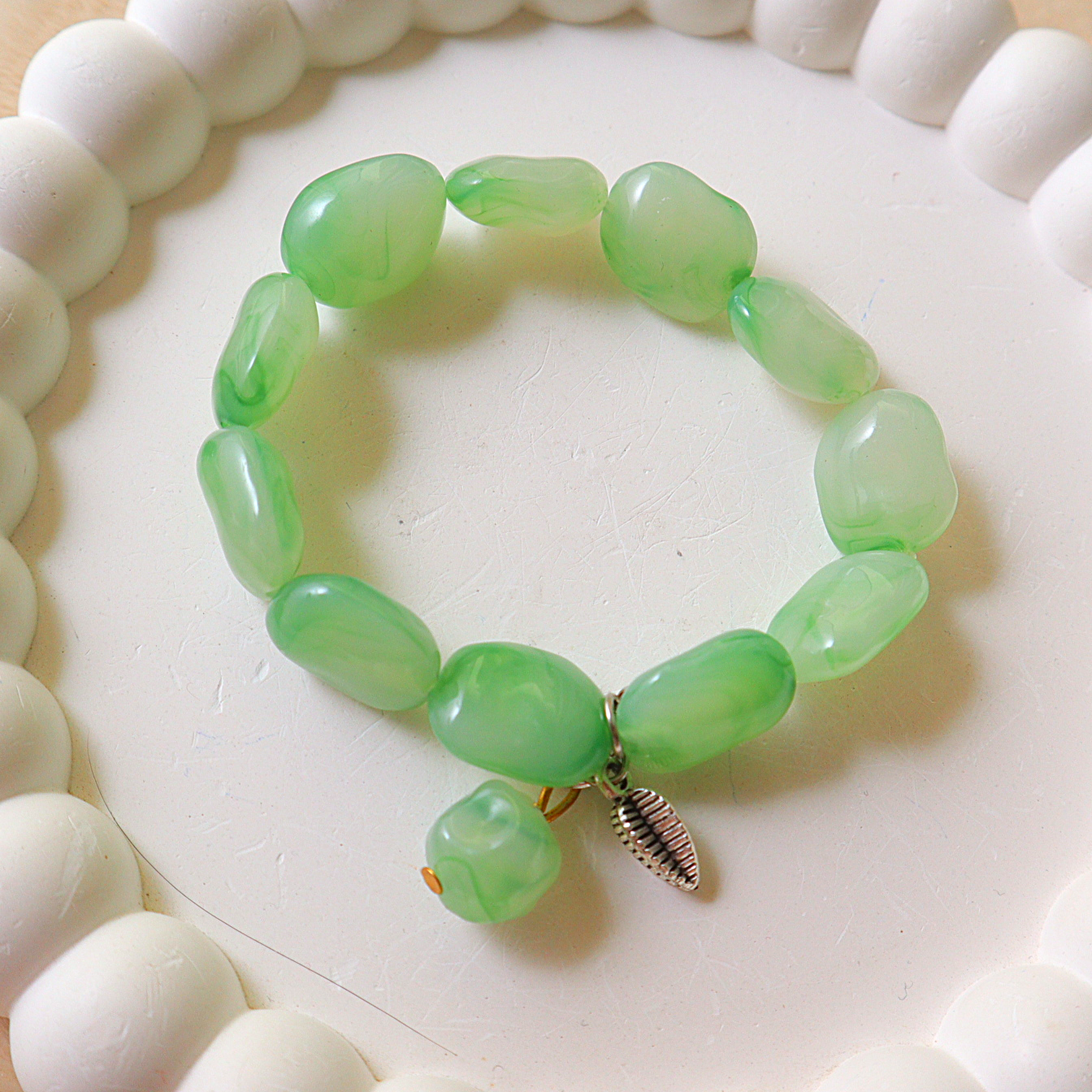 Handmade Green Jade Style Marble Bead Bracelet with Silver Leaf Charm