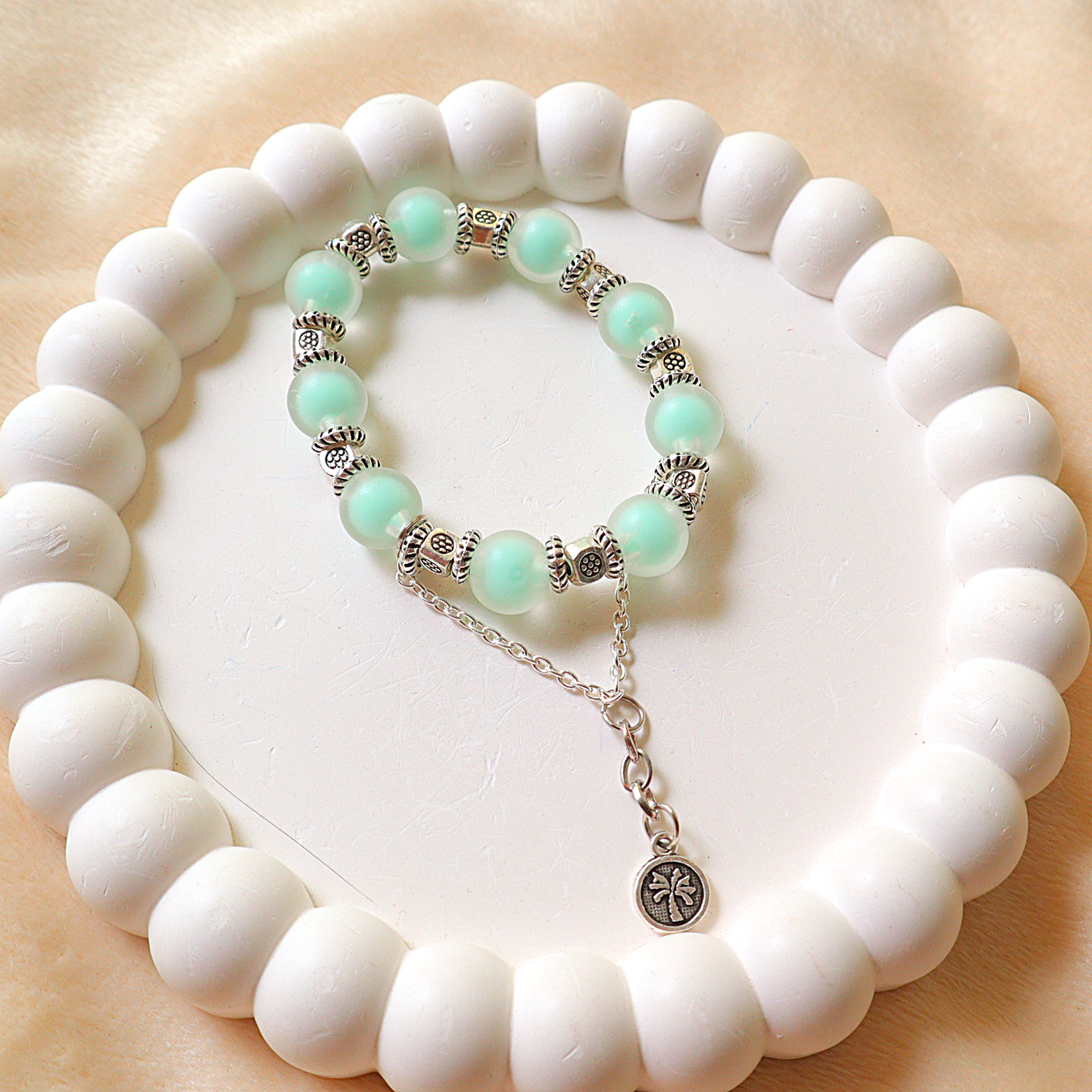 Handmade Frosted Seafoam Mint Glass Bead Bracelet with Palm Tree Charm