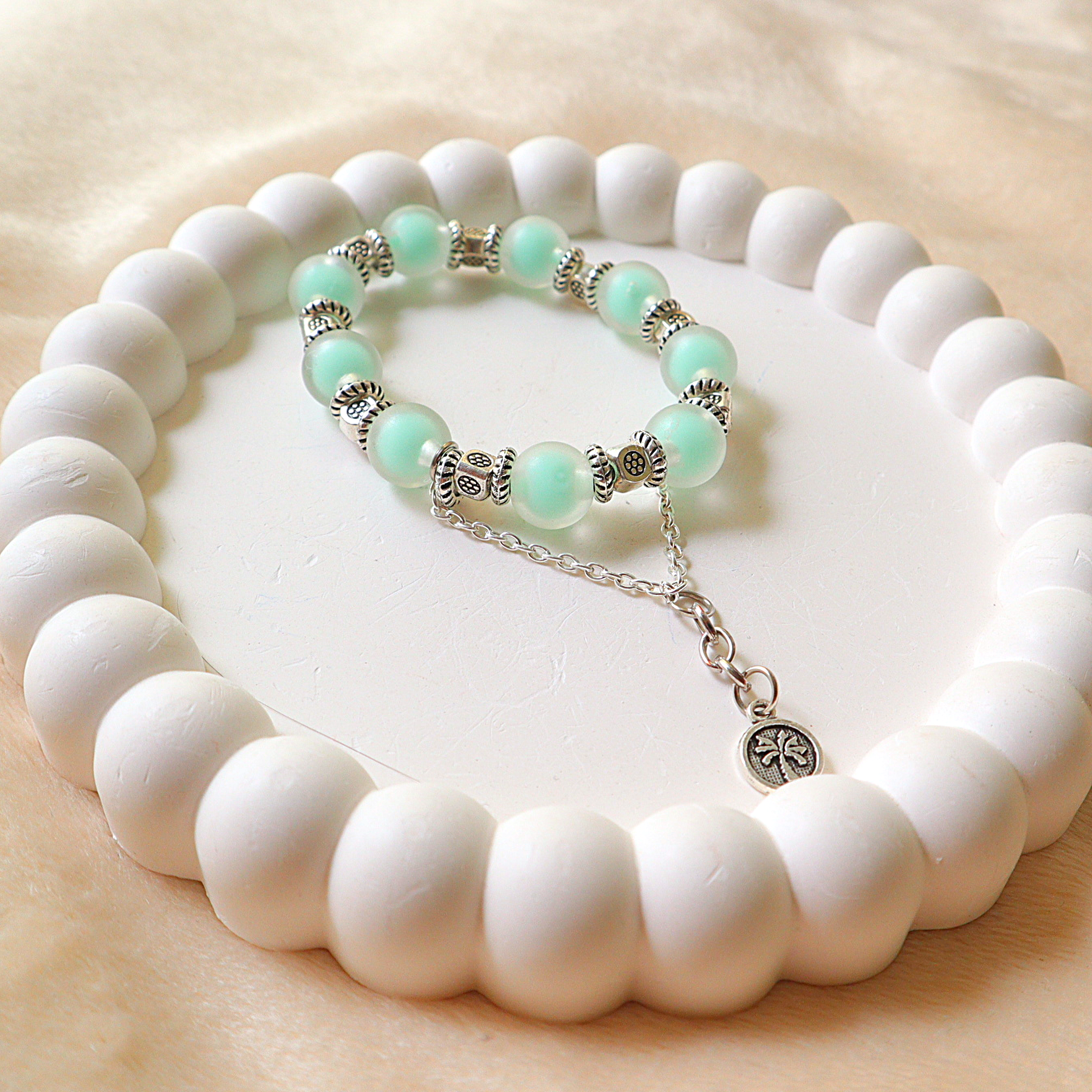 Handmade Frosted Seafoam Mint Glass Bead Bracelet with Palm Tree Charm