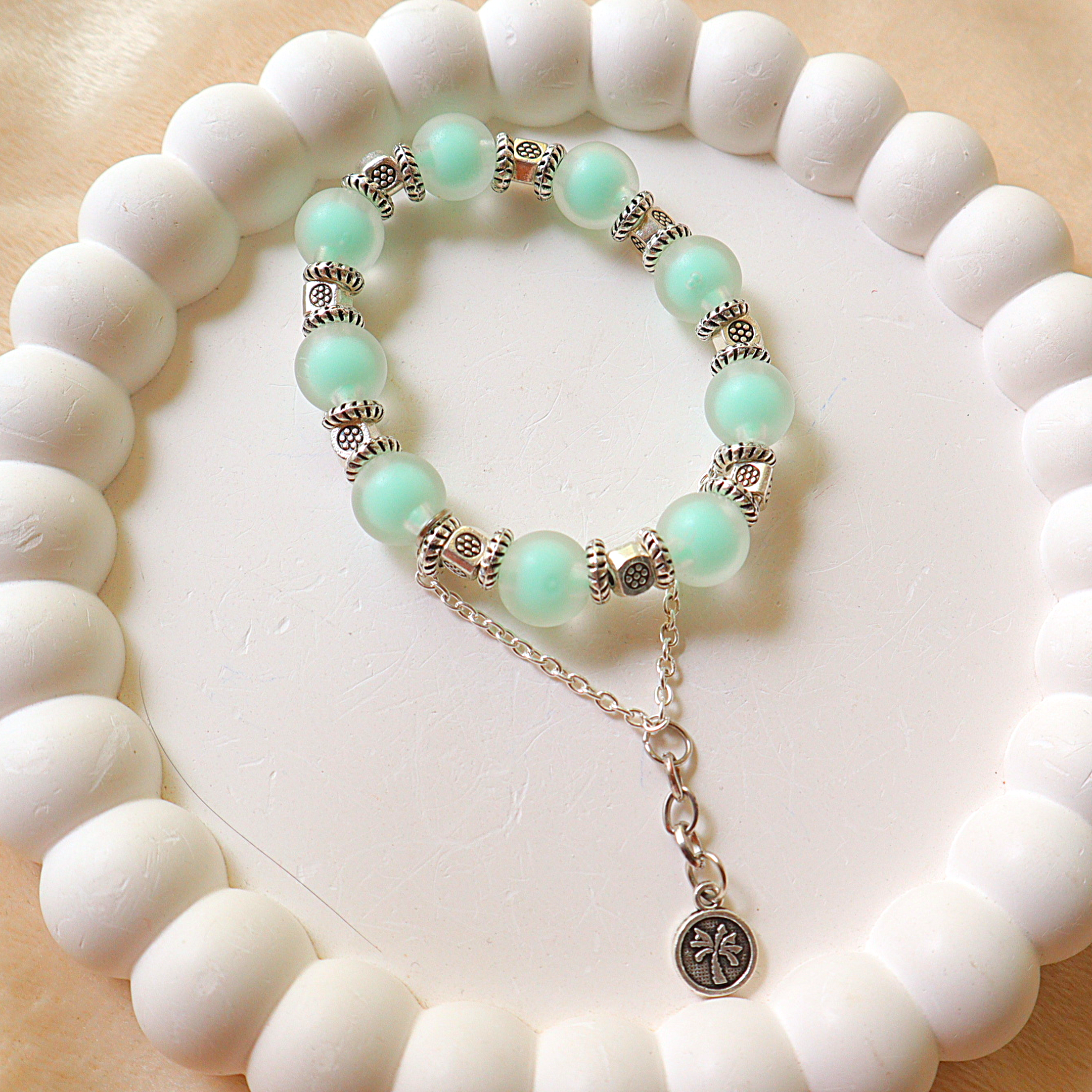 Handmade Frosted Seafoam Mint Glass Bead Bracelet with Palm Tree Charm