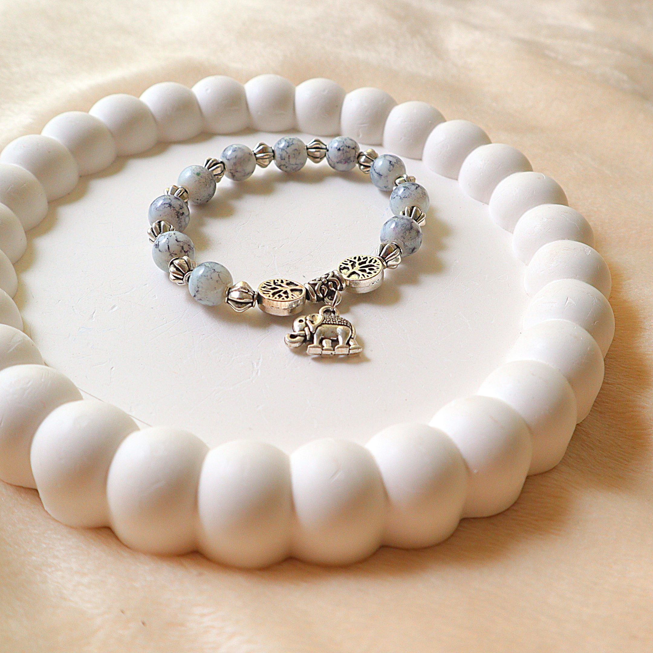Handmade White Turquoise Stone Bead Bracelet with Elephant Charm & Tree of Life