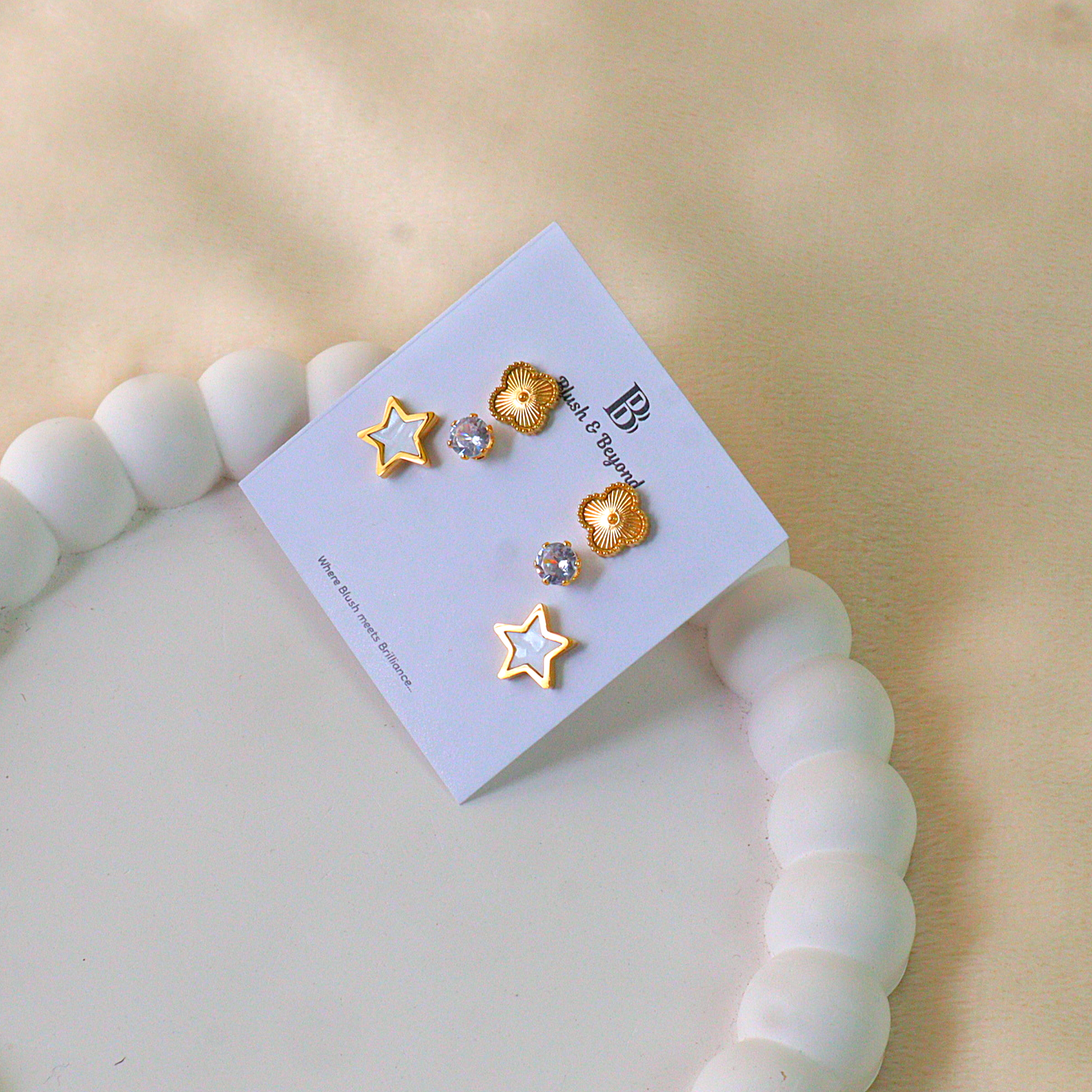 Gold Earring 3 Pairs Anti-Tarnish Studs