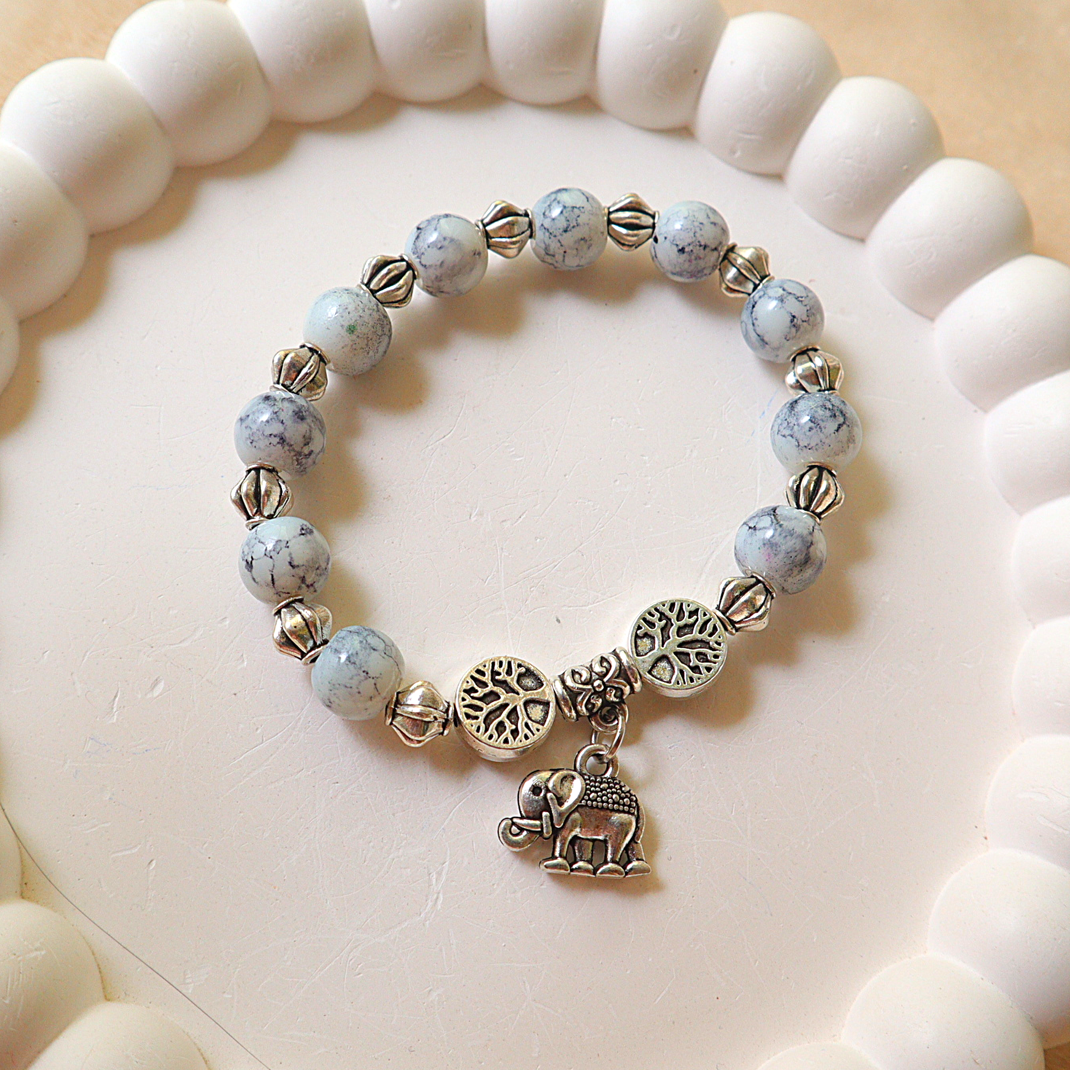 Handmade White Turquoise Stone Bead Bracelet with Elephant Charm & Tree of Life