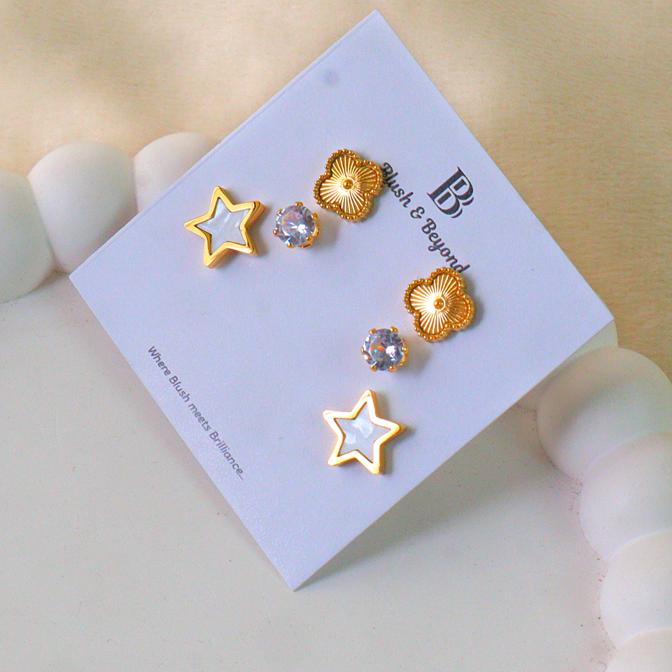 Gold Earring 3 Pairs Anti-Tarnish Studs