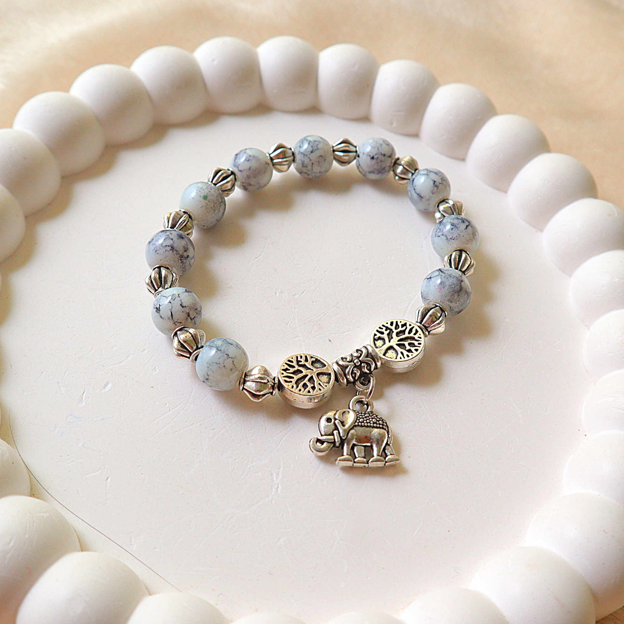 Handmade White Turquoise Stone Bead Bracelet with Elephant Charm & Tree of Life