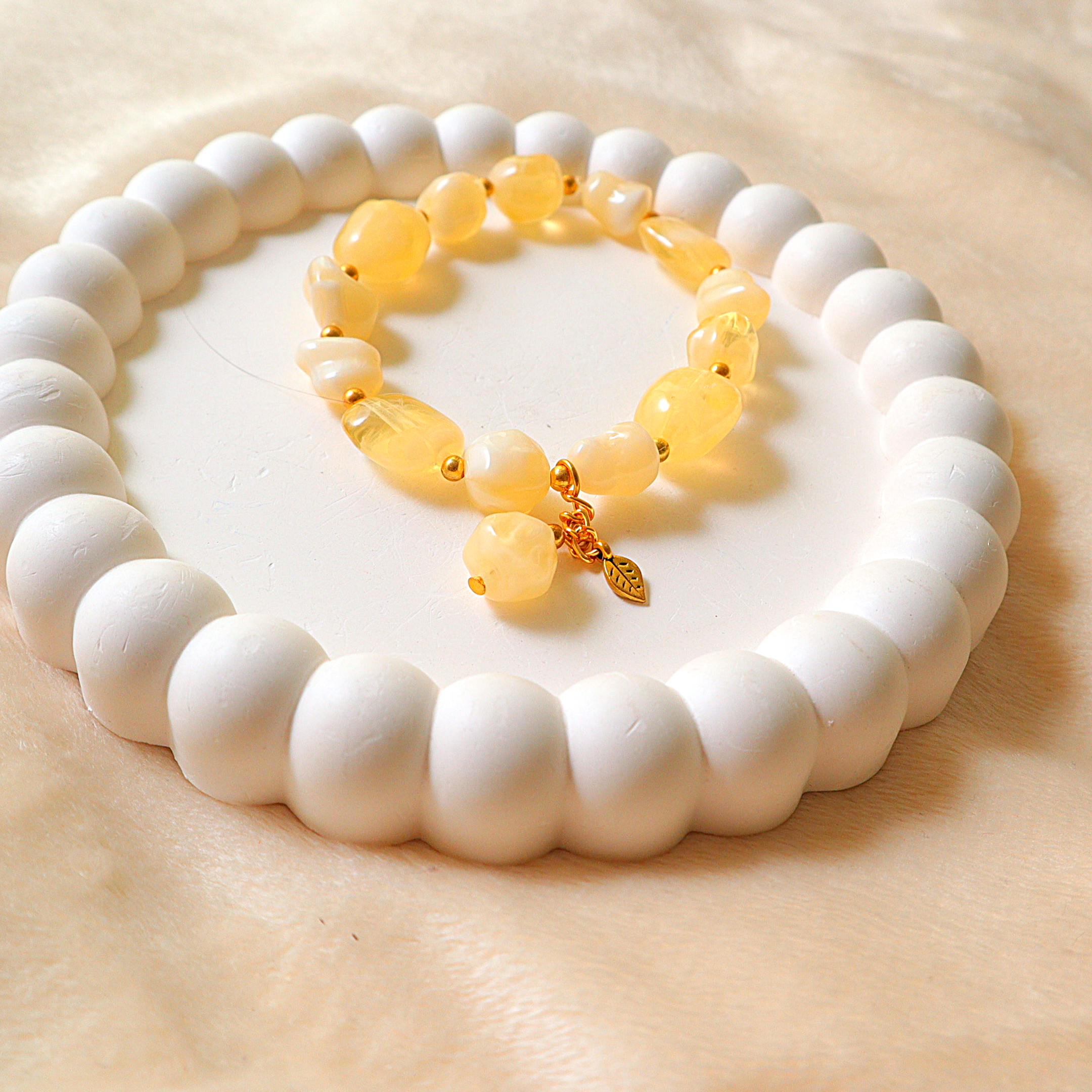 Handmade Honey Amber Yellow Marble Bead Bracelet with Gold Leaf Charm