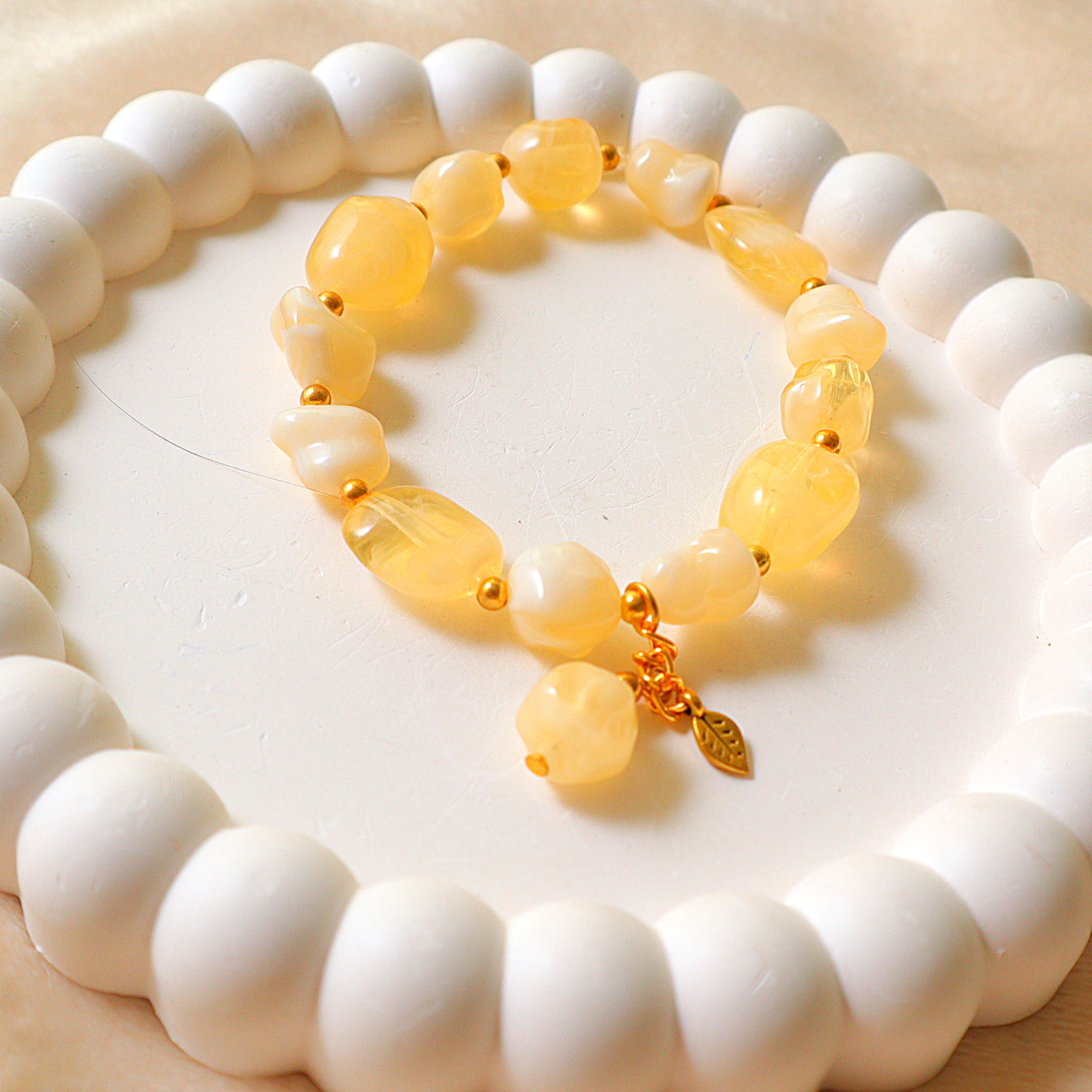 Handmade Honey Amber Yellow Marble Bead Bracelet with Gold Leaf Charm